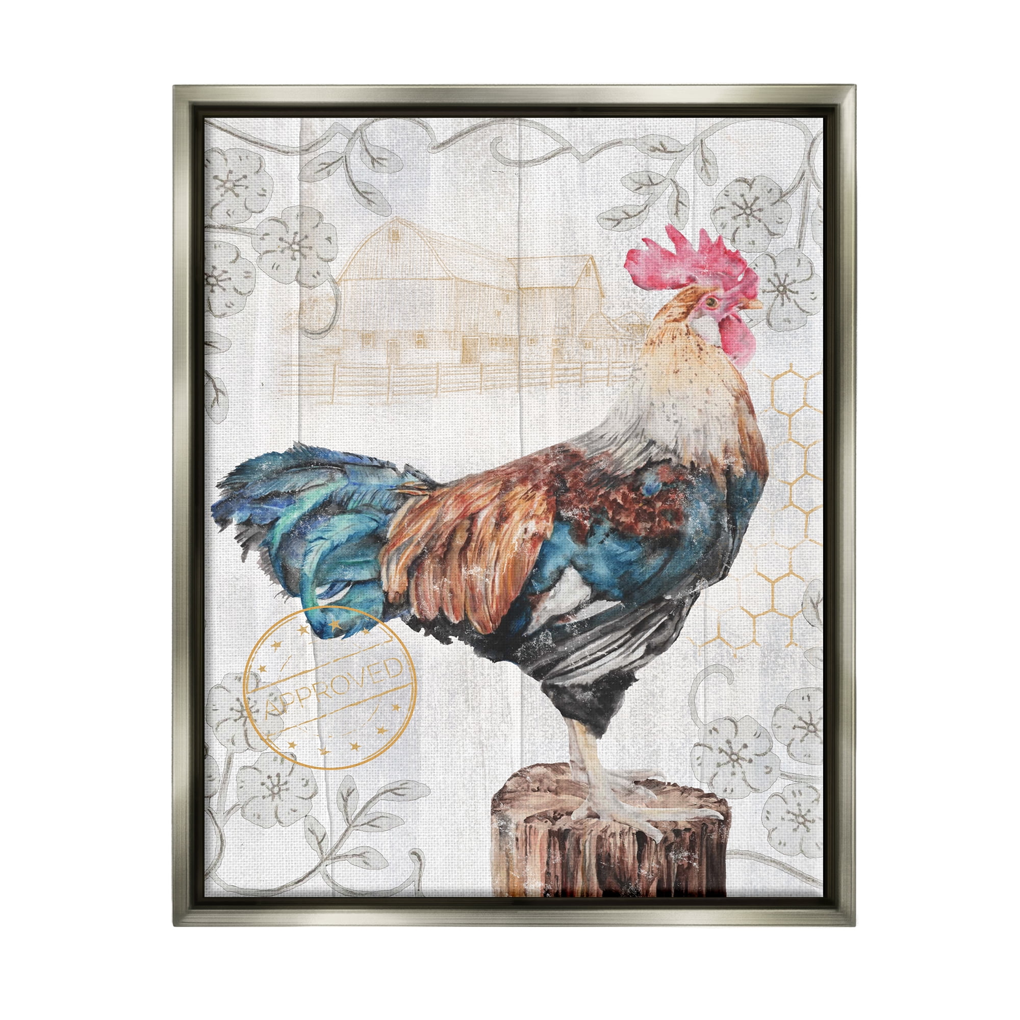 Stupell Industries Rooster with Vintage Pattern Animals & Insects Painting Gray Floater Framed Canvas Art Print Wall Art, 17 x 21