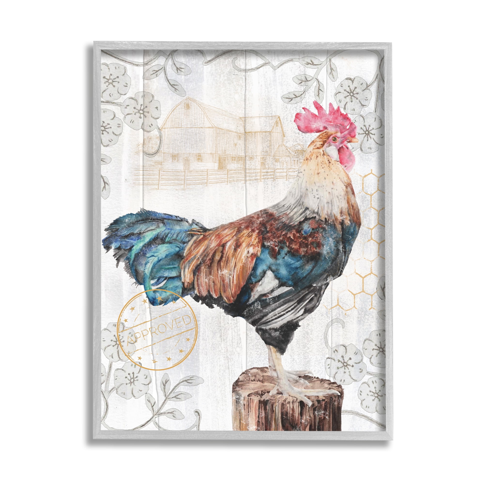 Stupell Industries Rooster with Vintage Pattern Animals & Insects Painting Gray Framed Art Print Wall Art, 24 x 30