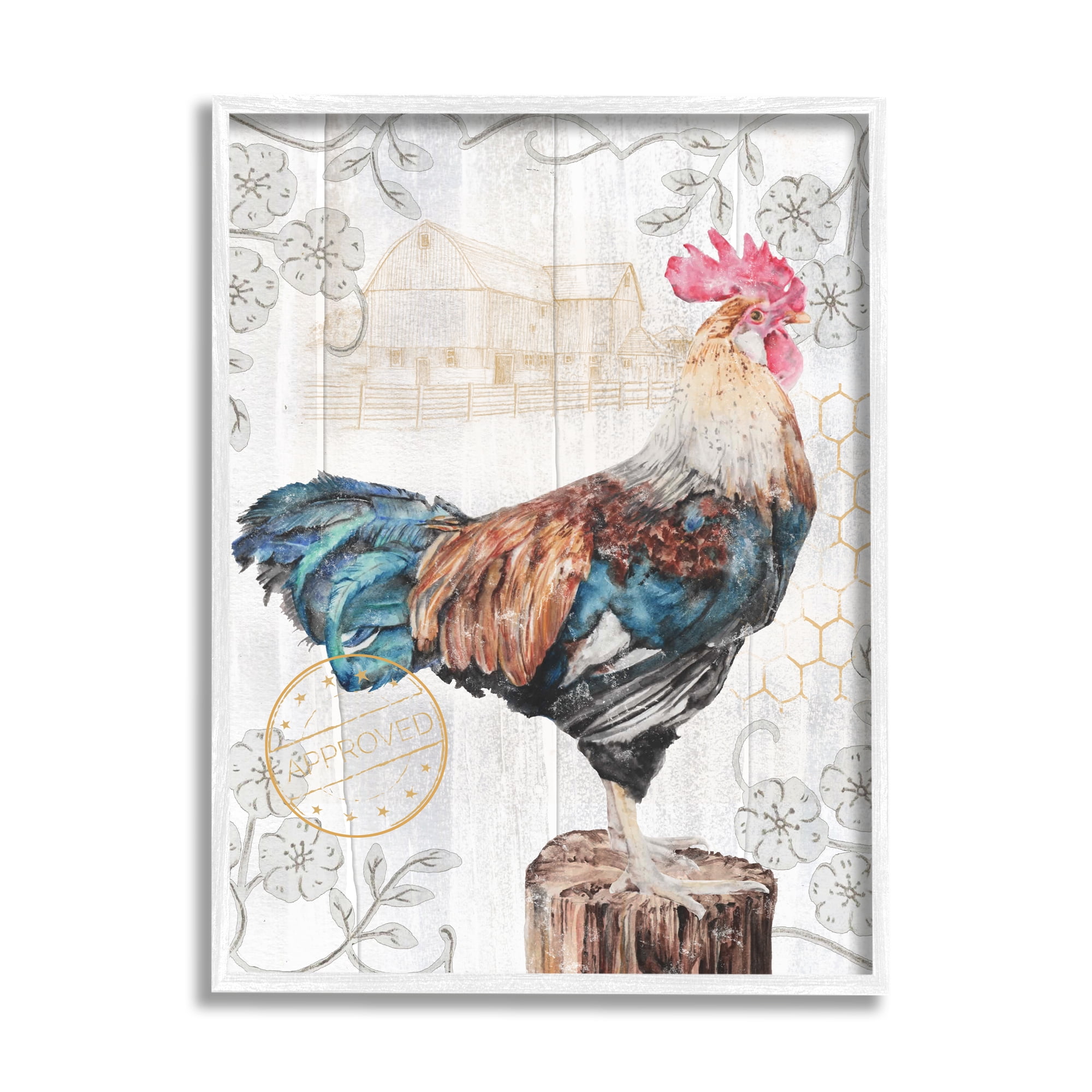 Stupell Industries Rooster with Vintage Pattern Animals & Insects Painting White Framed Art Print Wall Art, 16 x 20
