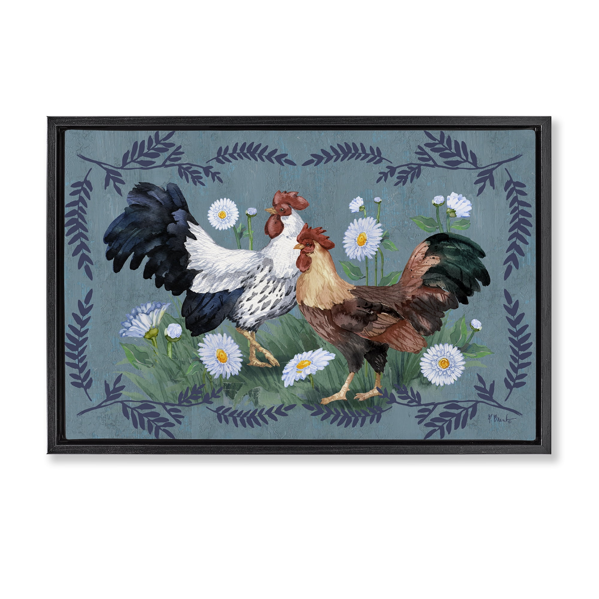 Stupell Industries Roosters with Fern Trim Animals & Insects Painting Black Floater Framed Canvas Art Print Wall Art, 25 x 17