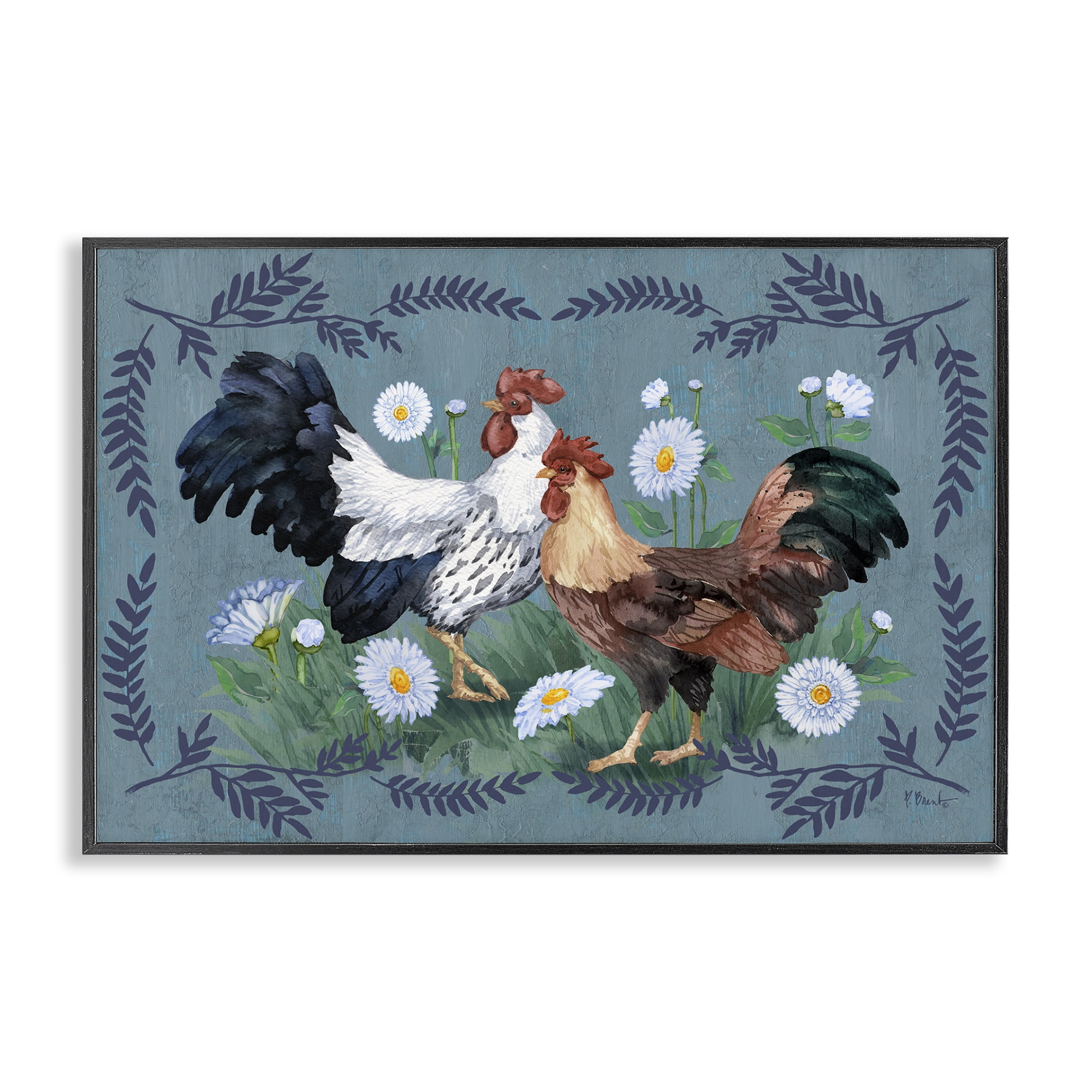 Stupell Industries Roosters with Fern Trim Animals & Insects Painting Black Framed Art Print Wall Art, 24 x 16