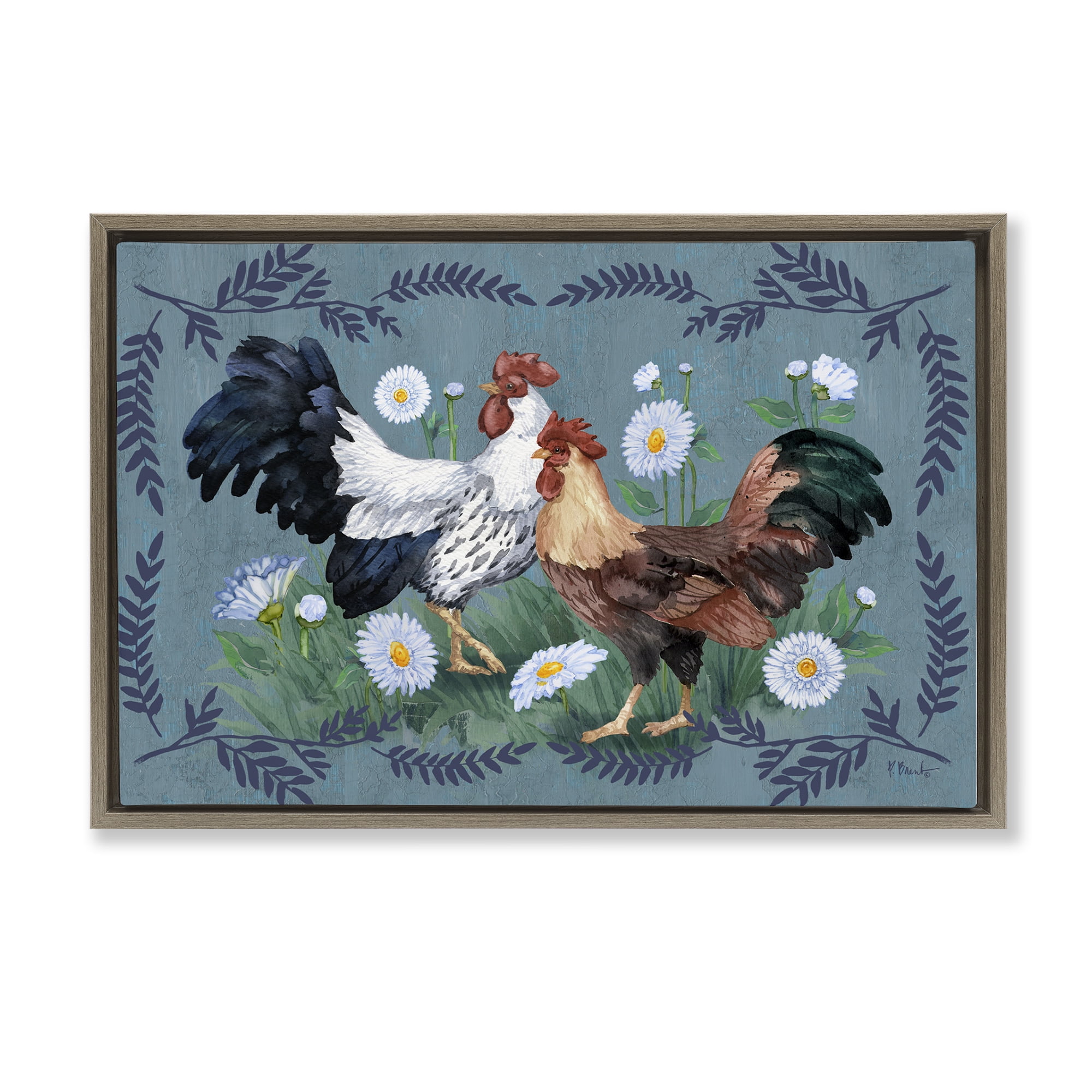 Stupell Industries Roosters with Fern Trim Animals & Insects Painting Brown Floater Framed Canvas Art Print Wall Art, 31 x 21