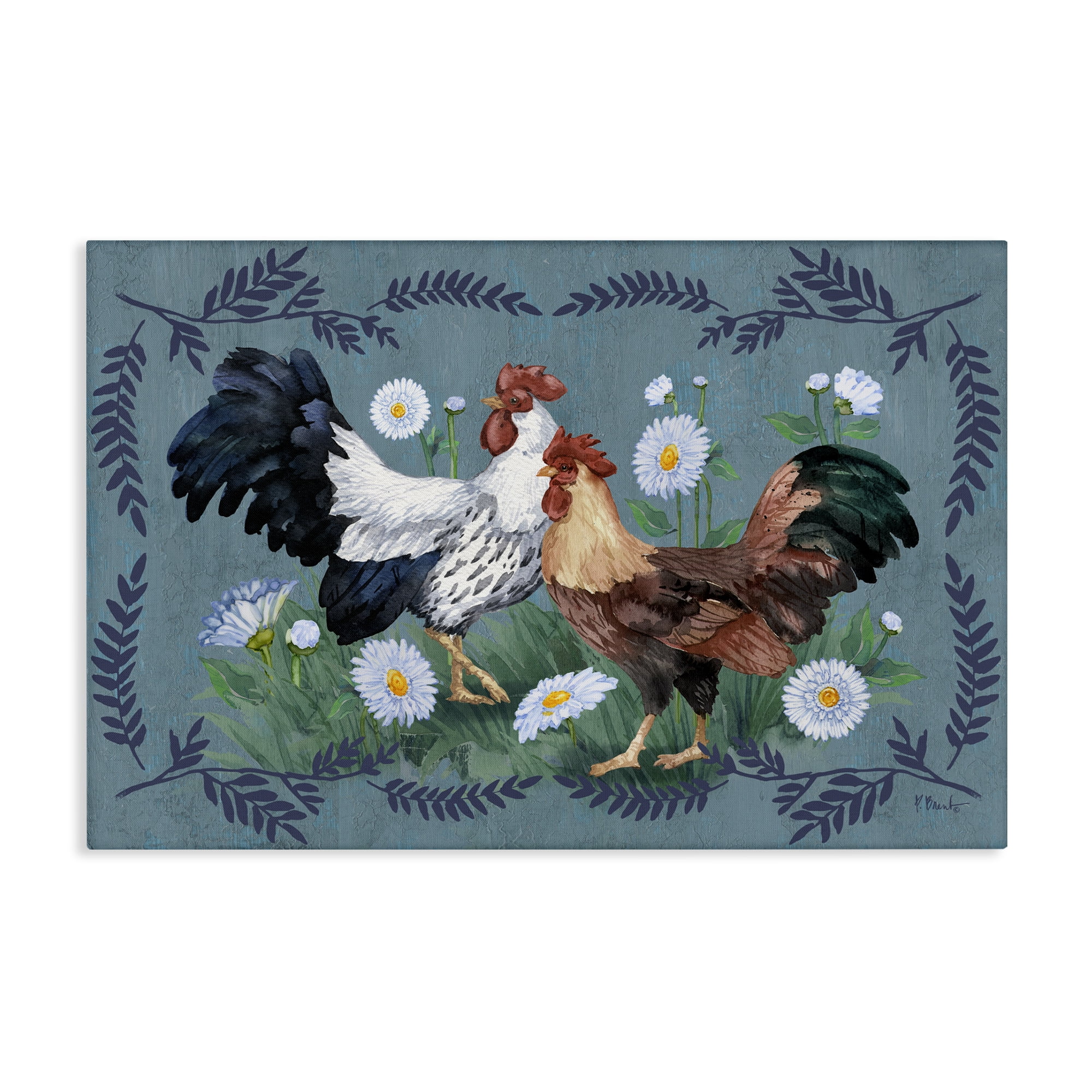 Stupell Industries Roosters with Fern Trim Animals & Insects Painting Gallery Wrapped Canvas Art Print Wall Art, 36 x 24