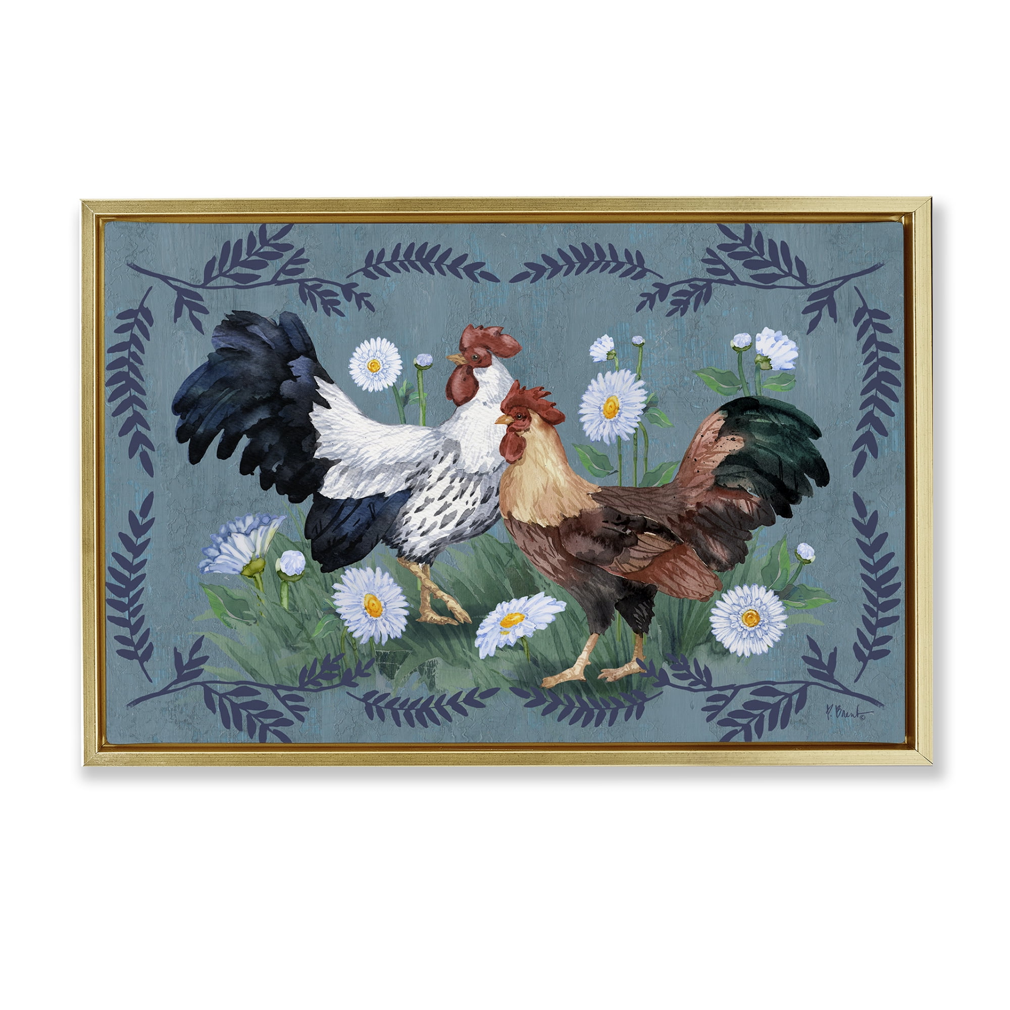 Stupell Industries Roosters with Fern Trim Animals & Insects Painting Gold Floater Framed Canvas Art Print Wall Art, 31 x 21