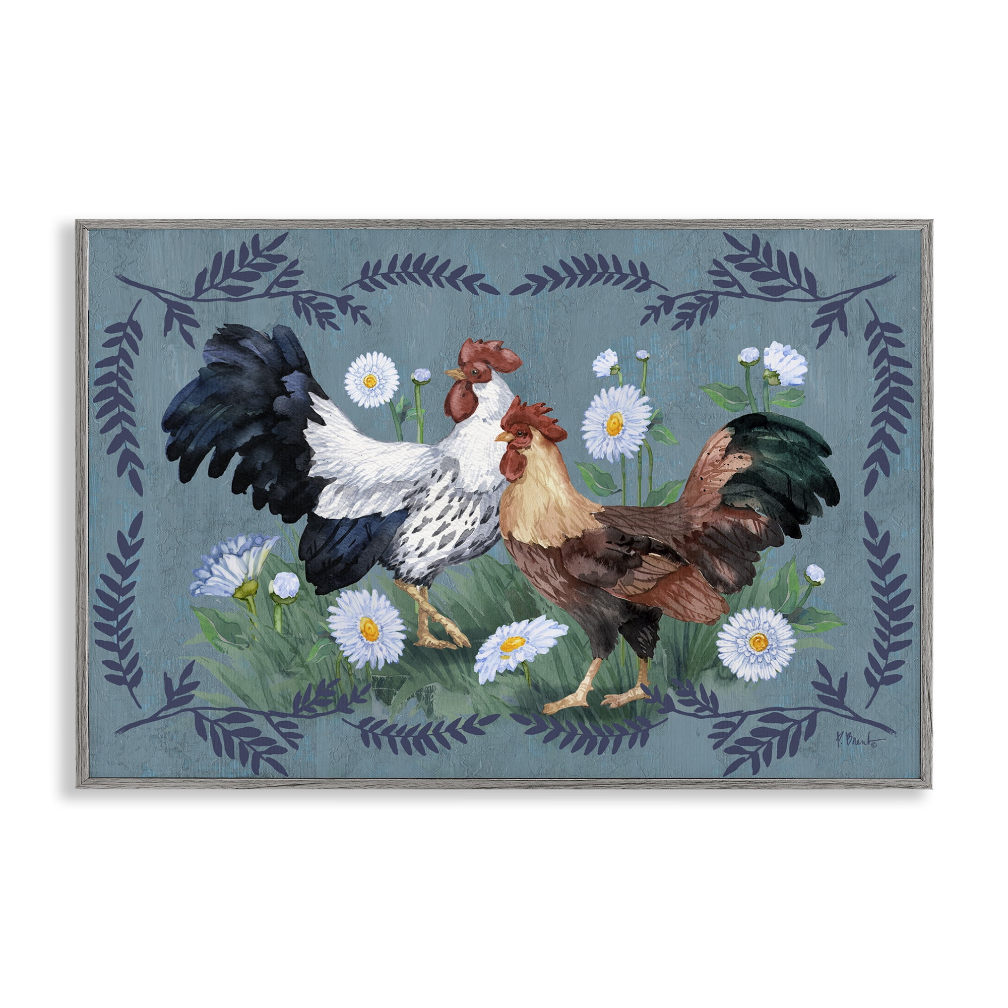 Stupell Industries Roosters with Fern Trim Animals & Insects Painting Gray Framed Art Print Wall Art, 18 x 12