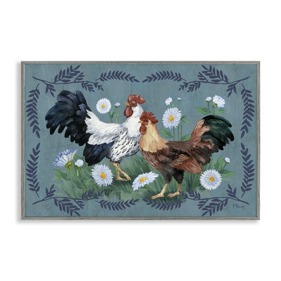 Stupell Industries Roosters with Fern Trim Animals & Insects Painting Gray Framed Art Print Wall Art, 24 x 16