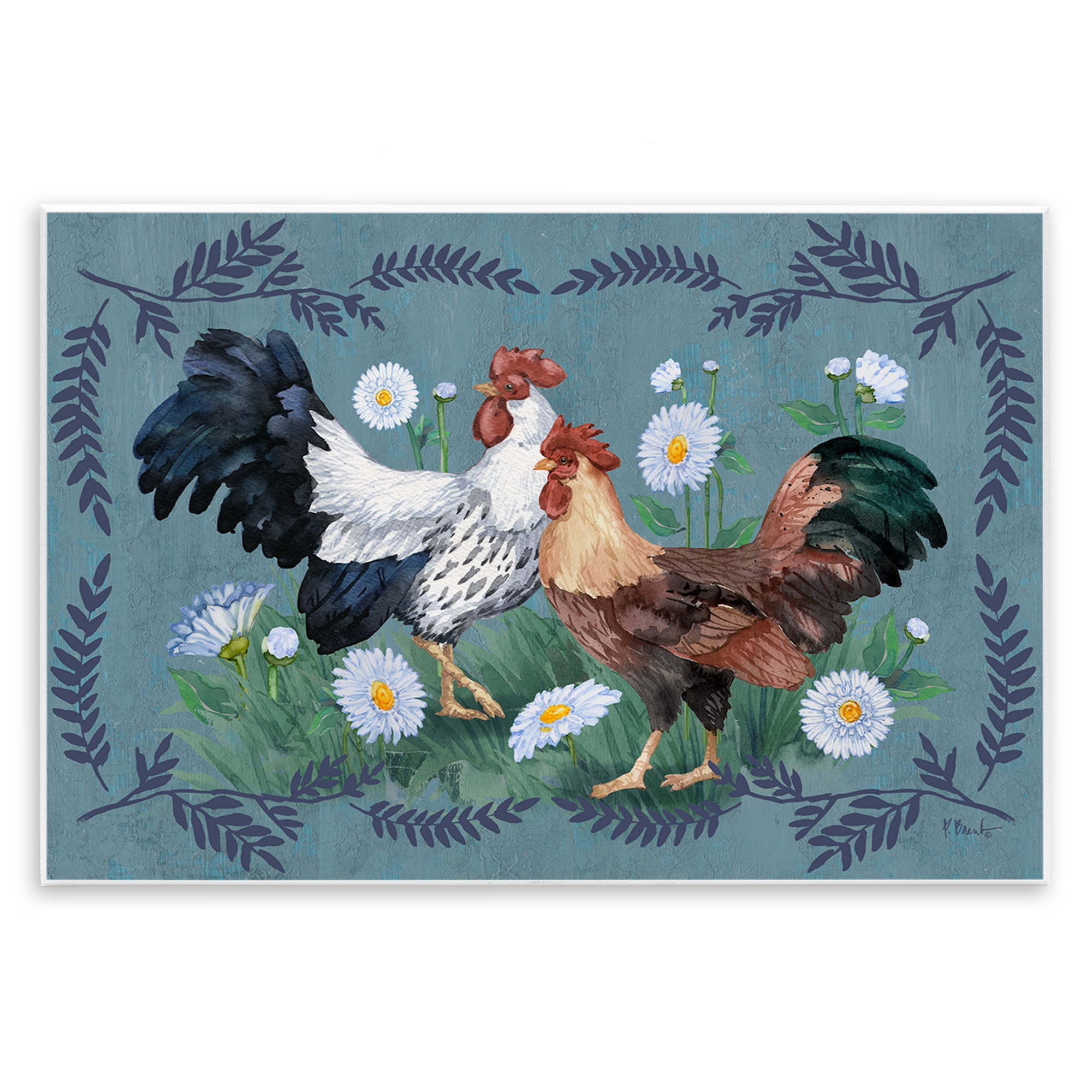 Stupell Industries Roosters with Fern Trim Animals & Insects Painting Unframed Art Print Wall Art, 15 x 10