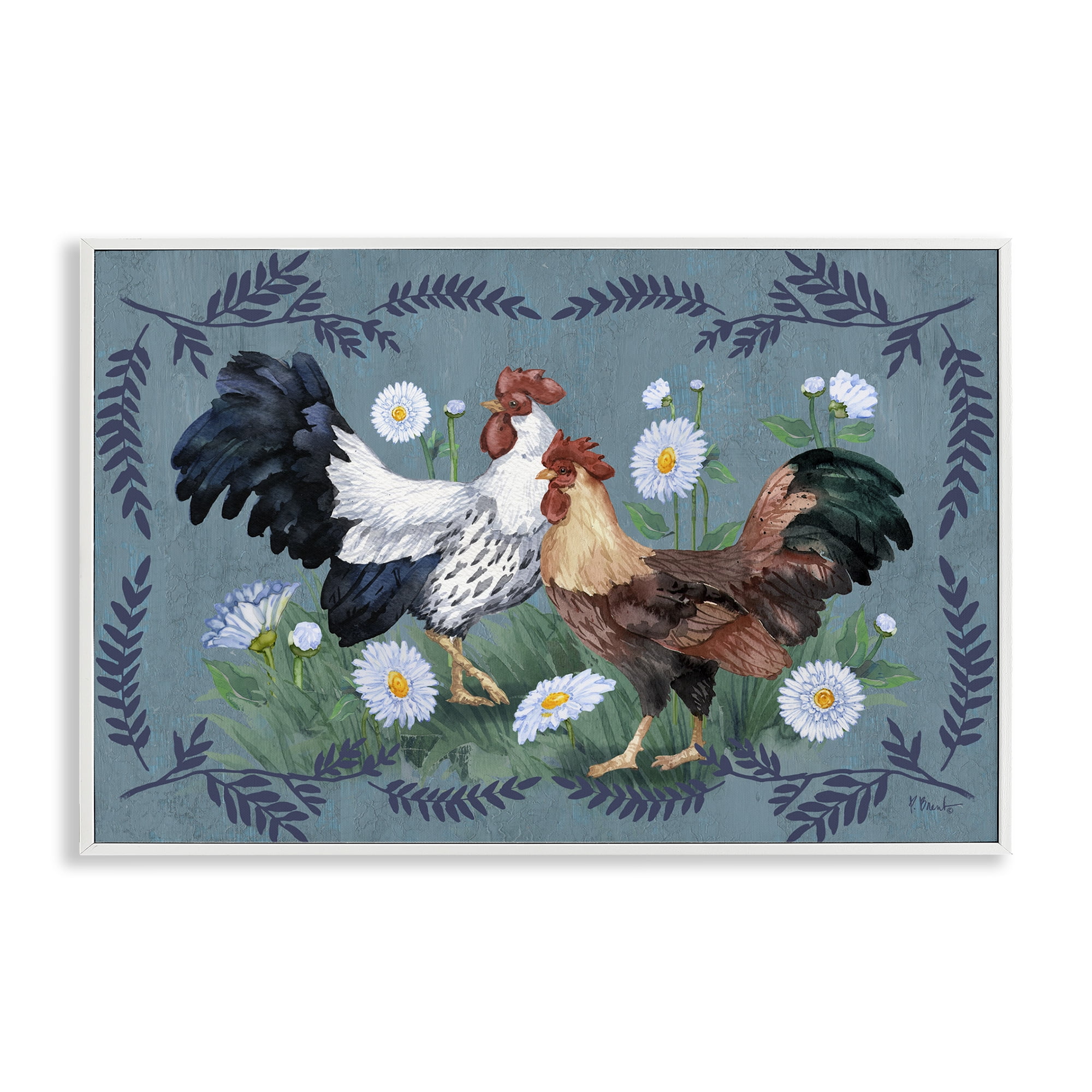 Stupell Industries Roosters with Fern Trim Animals & Insects Painting White Framed Art Print Wall Art, 30 x 20