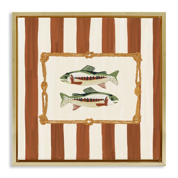 Stupell Industries Rope Bordered Fish Gold Framed Floater Canvas Wall Art design by Veronica Lara, 18 x 18