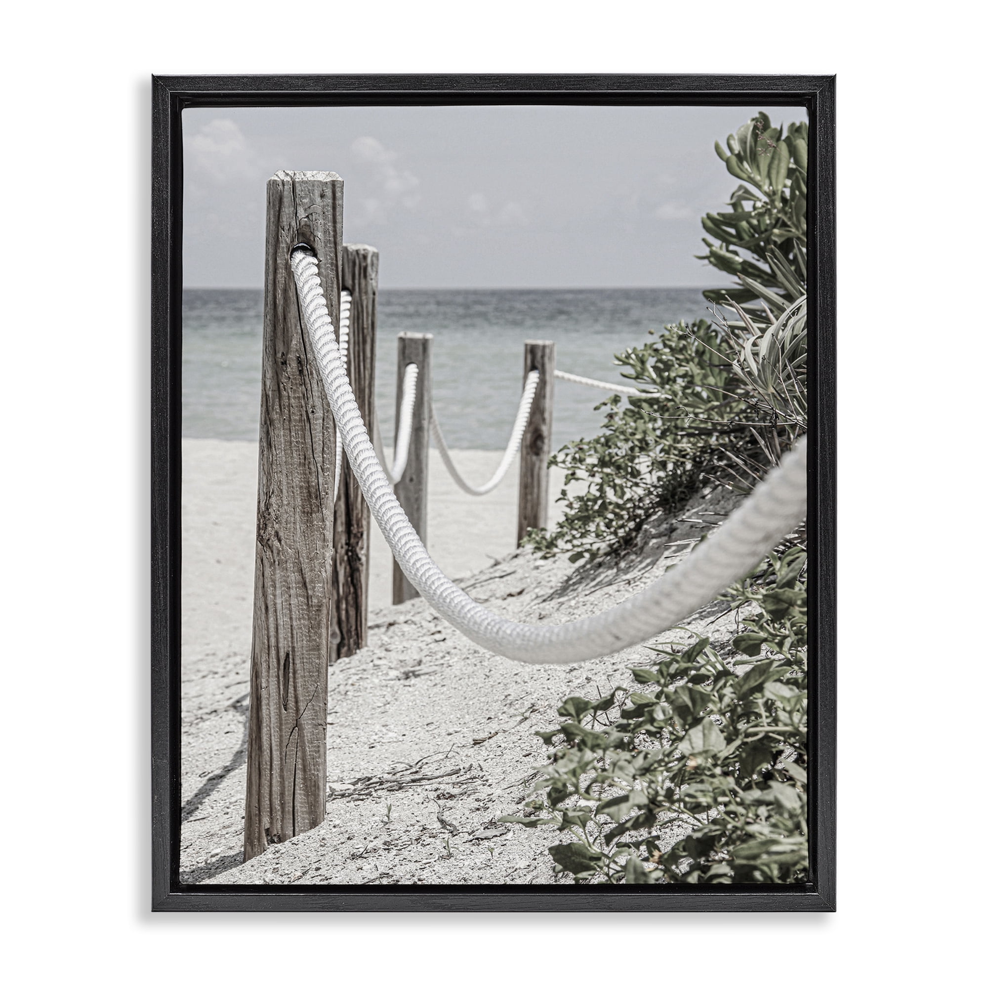 Stupell Industries Rope Fence Beach Landscape Photography Black Floater Framed Canvas Art Print Wall Art, 17 x 21