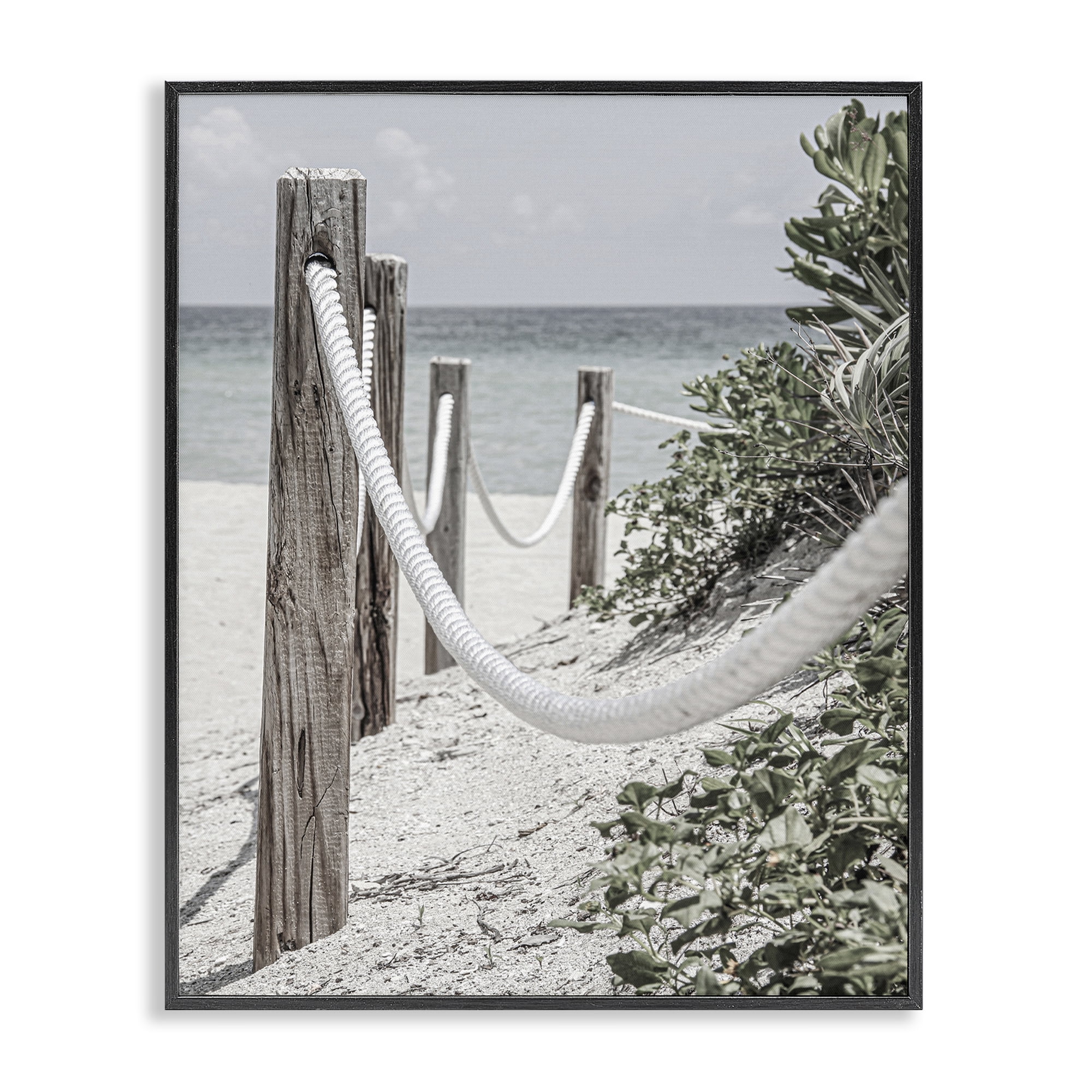 Stupell Industries Rope Fence Beach Landscape Photography Black Framed Art Print Wall Art, 16 x 20