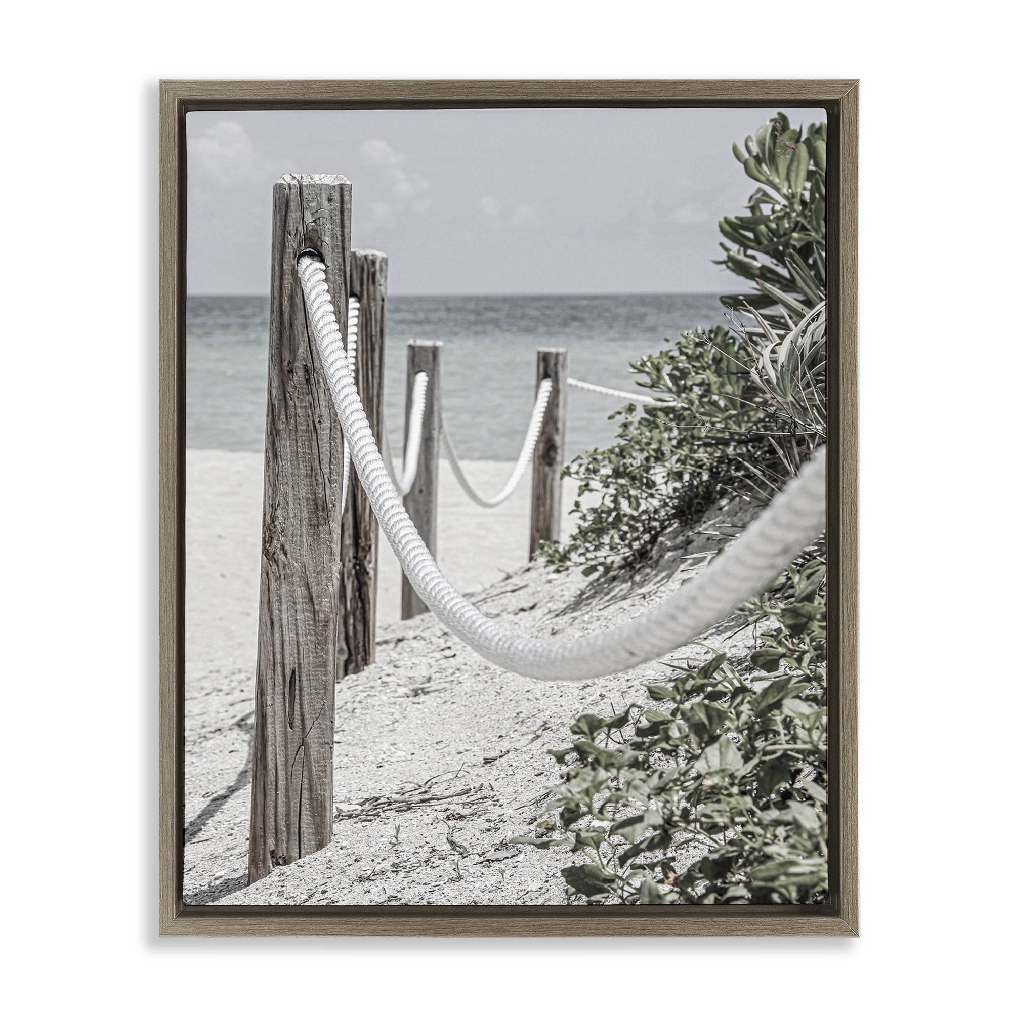 Stupell Industries Rope Fence Beach Landscape Photography Brown Floater Framed Canvas Art Print Wall Art, 25 x 31