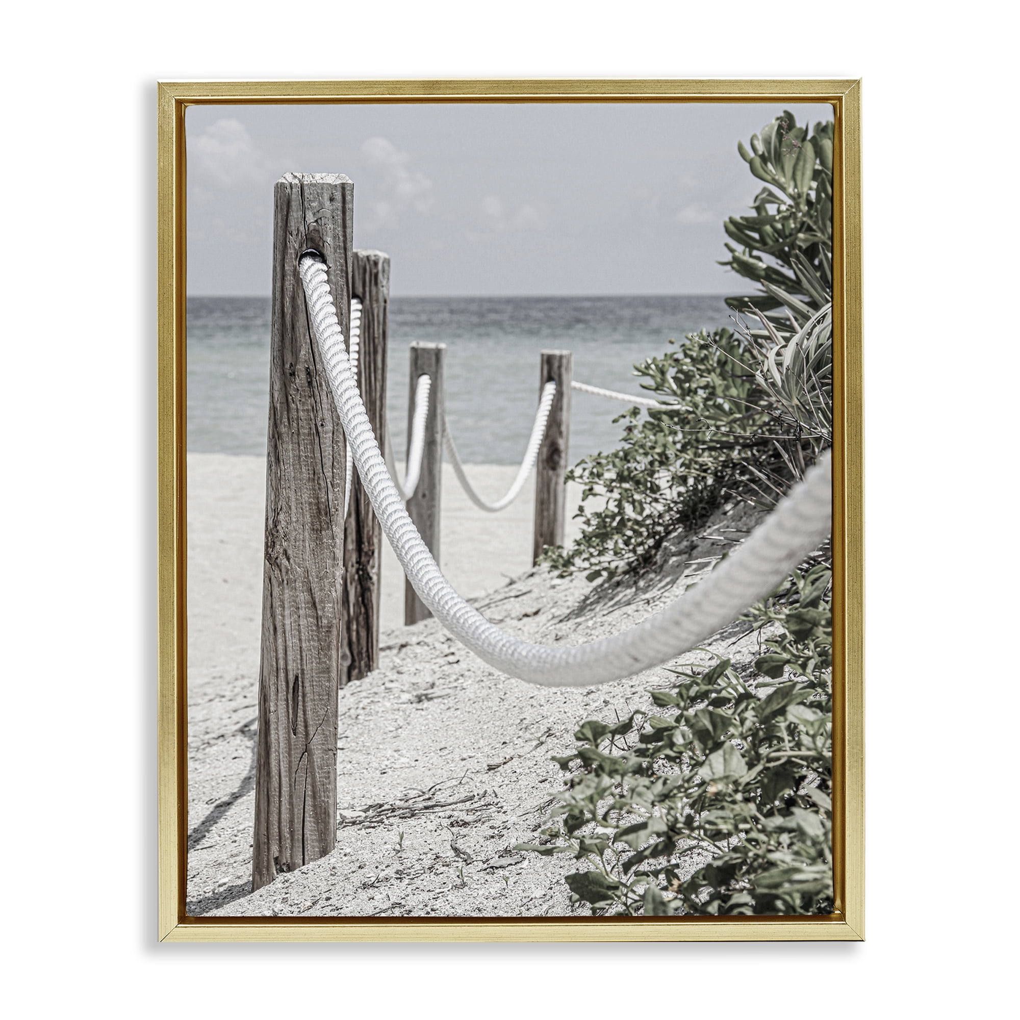 Stupell Industries Rope Fence Beach Landscape Photography Gold Floater Framed Canvas Art Print Wall Art, 25 x 31