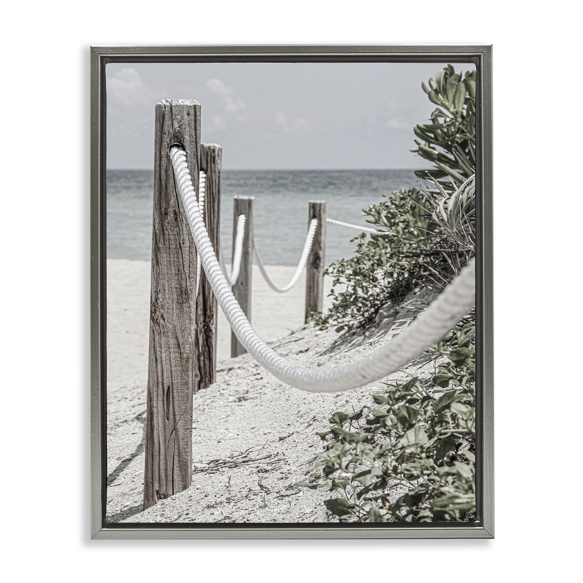 Stupell Industries Rope Fence Beach Landscape Photography Gray Floater Framed Canvas Art Print Wall Art, 25 x 31