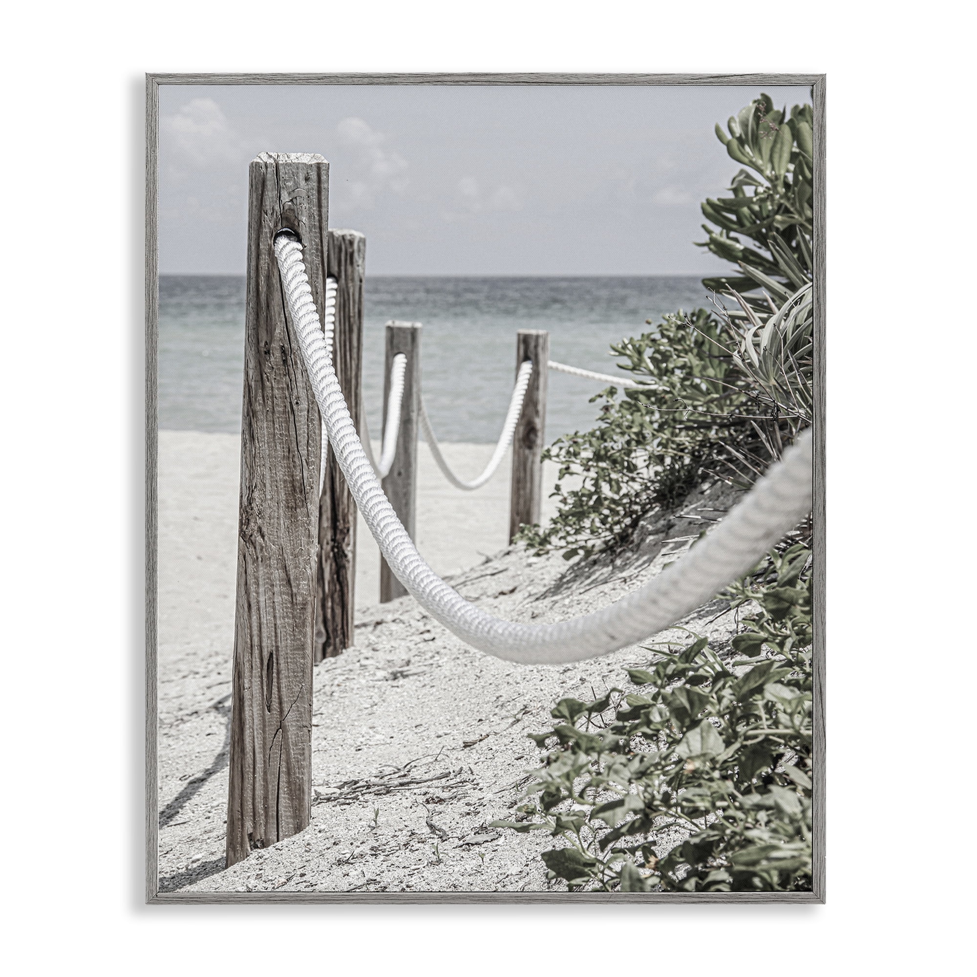 Stupell Industries Rope Fence Beach Landscape Photography Gray Framed Art Print Wall Art, 24 x 30