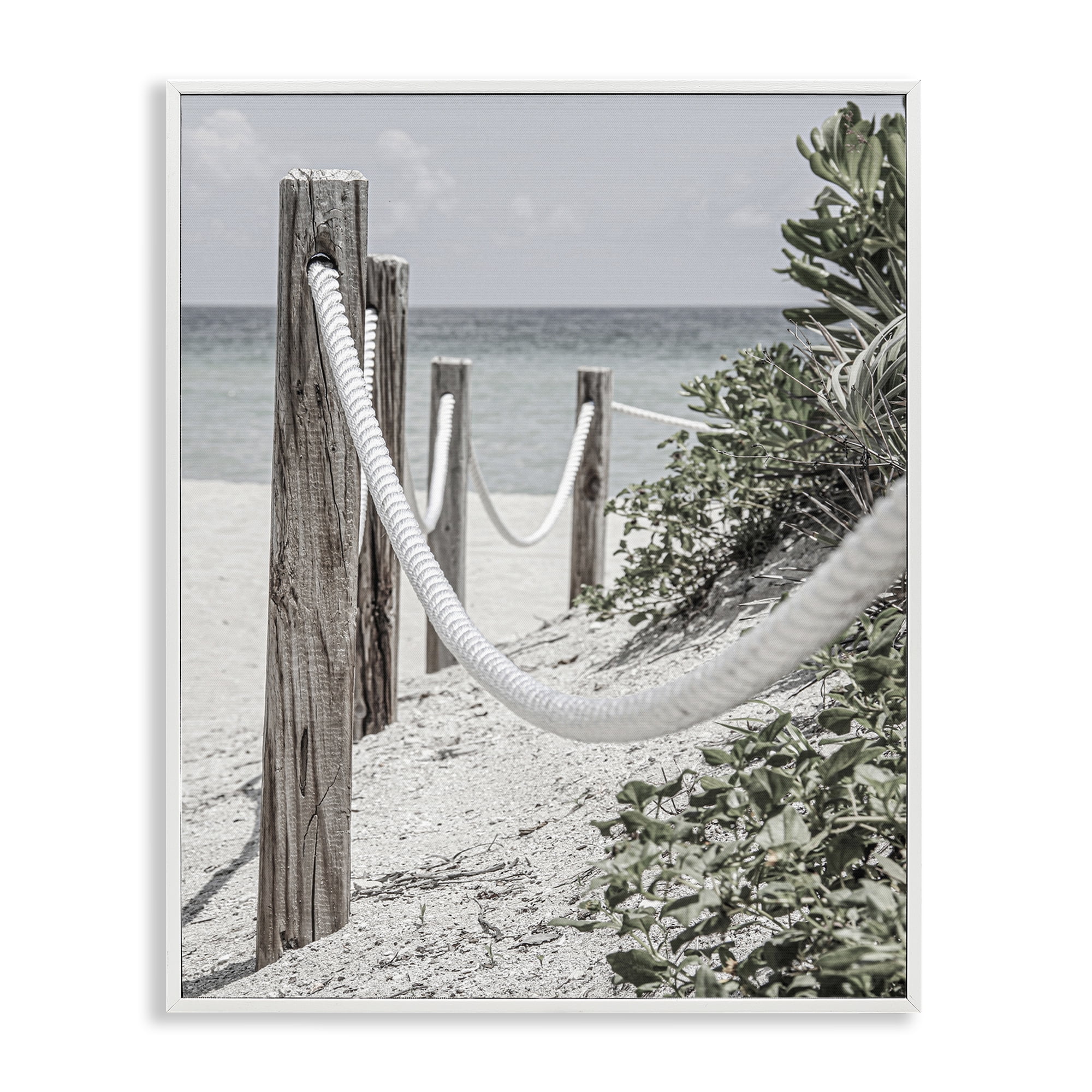 Stupell Industries Rope Fence Beach Landscape Photography White Framed Art Print Wall Art, 16 x 20