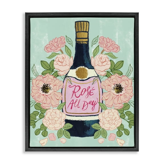 Stupell Industries Rose All Day Champagne Food & Beverage Painting Black Floater Framed Canvas Art Print Wall Art, 17 x 21