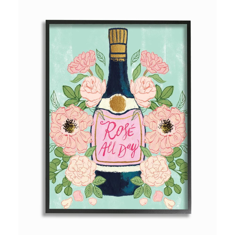 Stupell Industries Rose All Day Phrase Floral Wine Bottle Pink Green Designed by Joy Ting