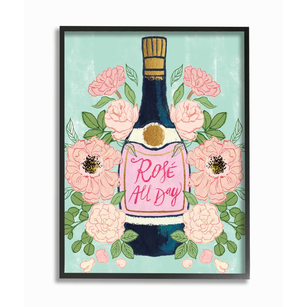 Stupell Industries Rose All Day Phrase Floral Wine Bottle Pink Green Designed by Joy Ting