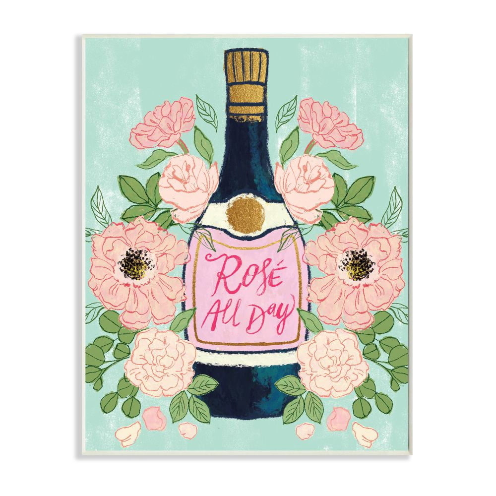 Stupell Industries Rose All Day Phrase Floral Wine Bottle Pink Green Designed by Joy Ting