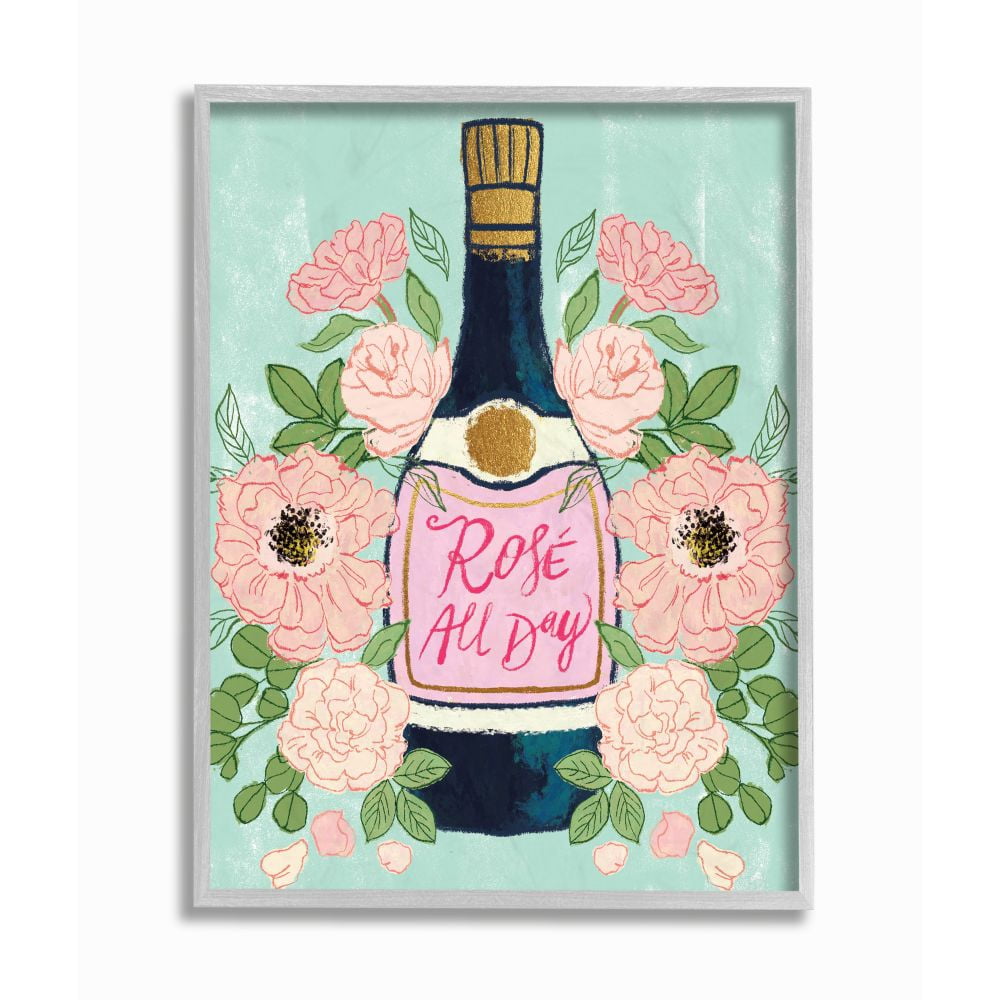 Stupell Industries Rose All Day Phrase Floral Wine Bottle Pink Green Designed by Joy Ting