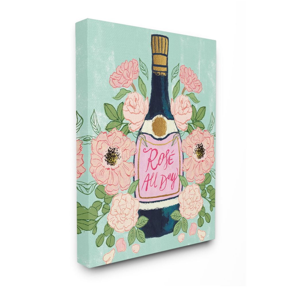 Stupell Industries Rose All Day Phrase Floral Wine Bottle Pink Green Designed by Joy Ting
