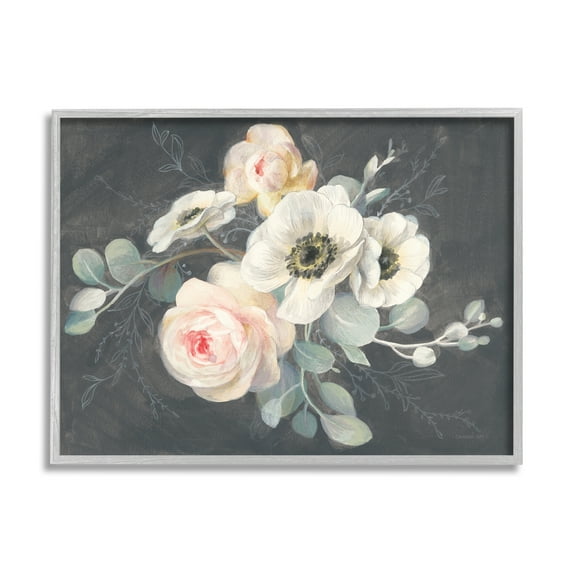 Stupell Industries Rose Anemones Flowers Chalk Pink Black Design Paintings Gray Framed Art Print Wall Art, 24x30, by Danhui Nai