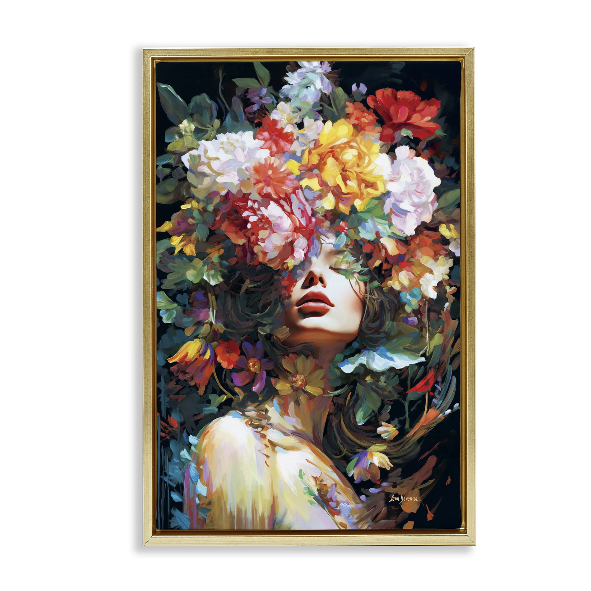 Stupell Industries Rose Bedecked Woman Plants & Flowers Painting Gold Floater Framed Canvas Art Print Wall Art, 17 x 25