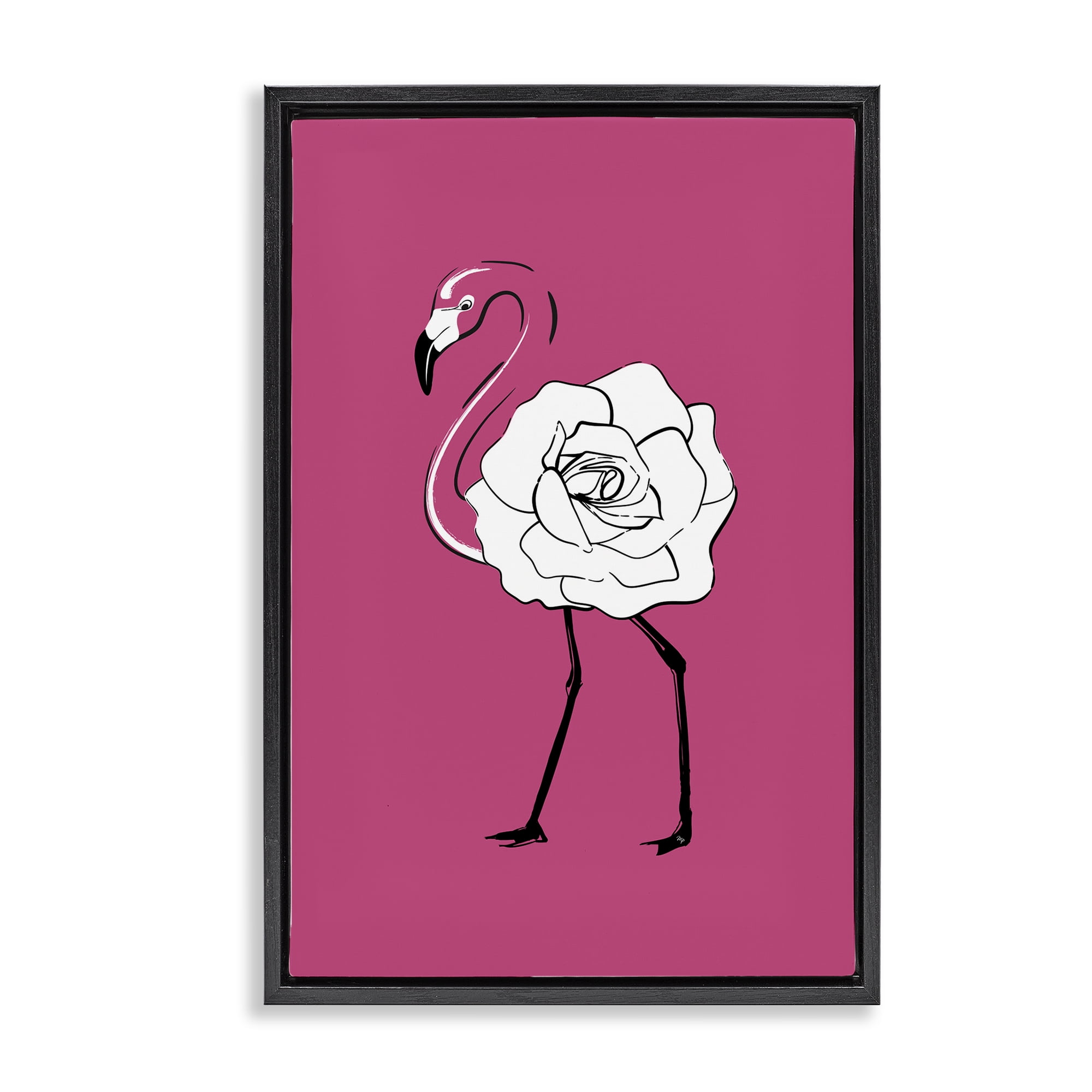Stupell Industries Rose Blossom Flamingo Animals & Insects Painting Black Floater Framed Canvas Art Print Wall Art, 21 x 31