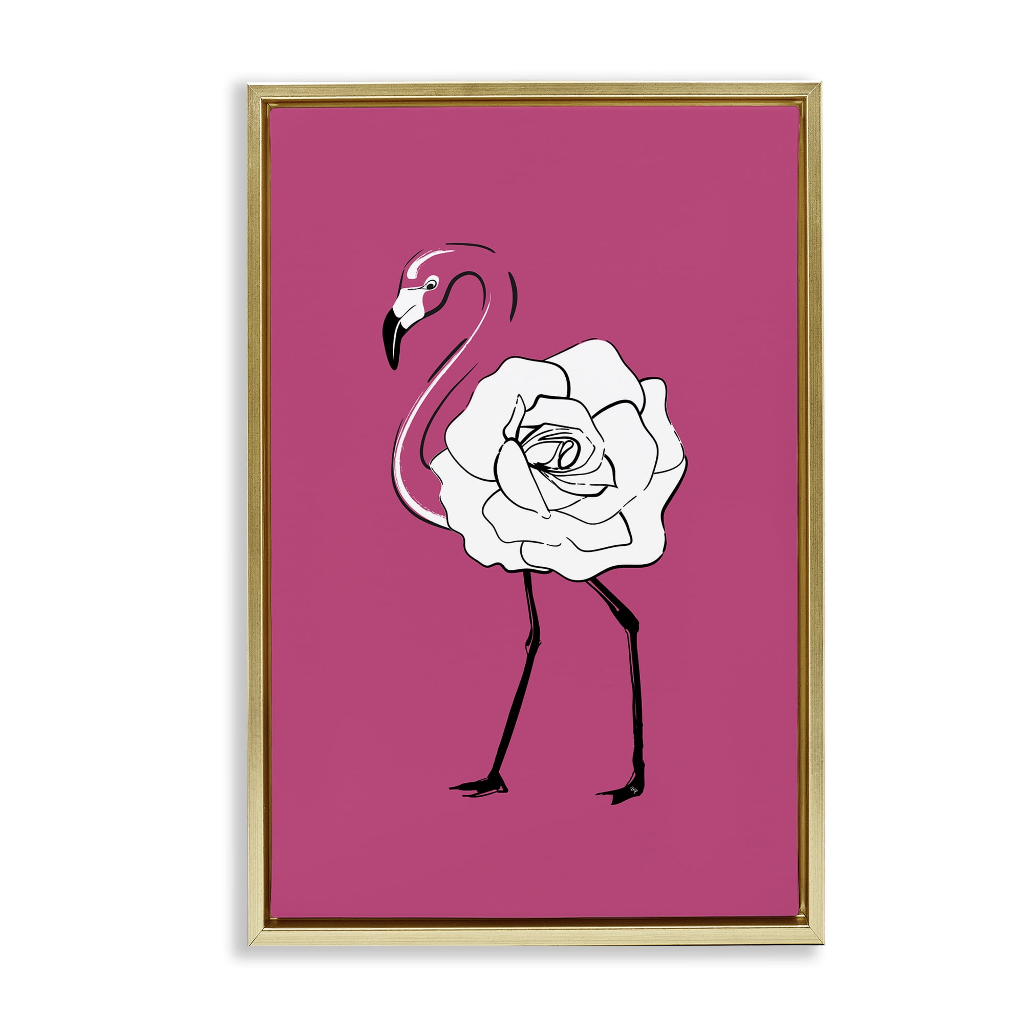 Stupell Industries Rose Blossom Flamingo Animals & Insects Painting Gold Floater Framed Canvas Art Print Wall Art, 17 x 25