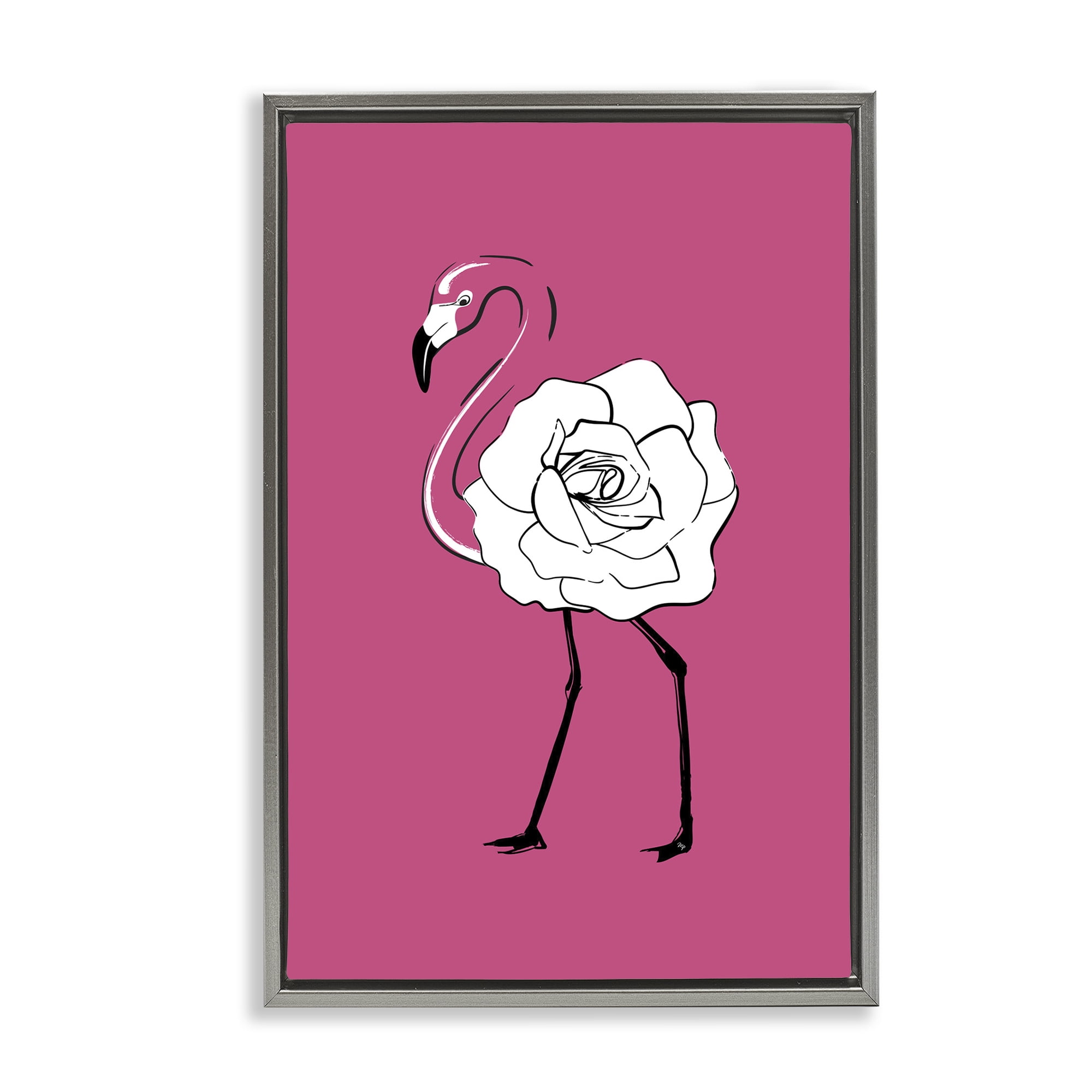 Stupell Industries Rose Blossom Flamingo Animals & Insects Painting Gray Floater Framed Canvas Art Print Wall Art, 21 x 31