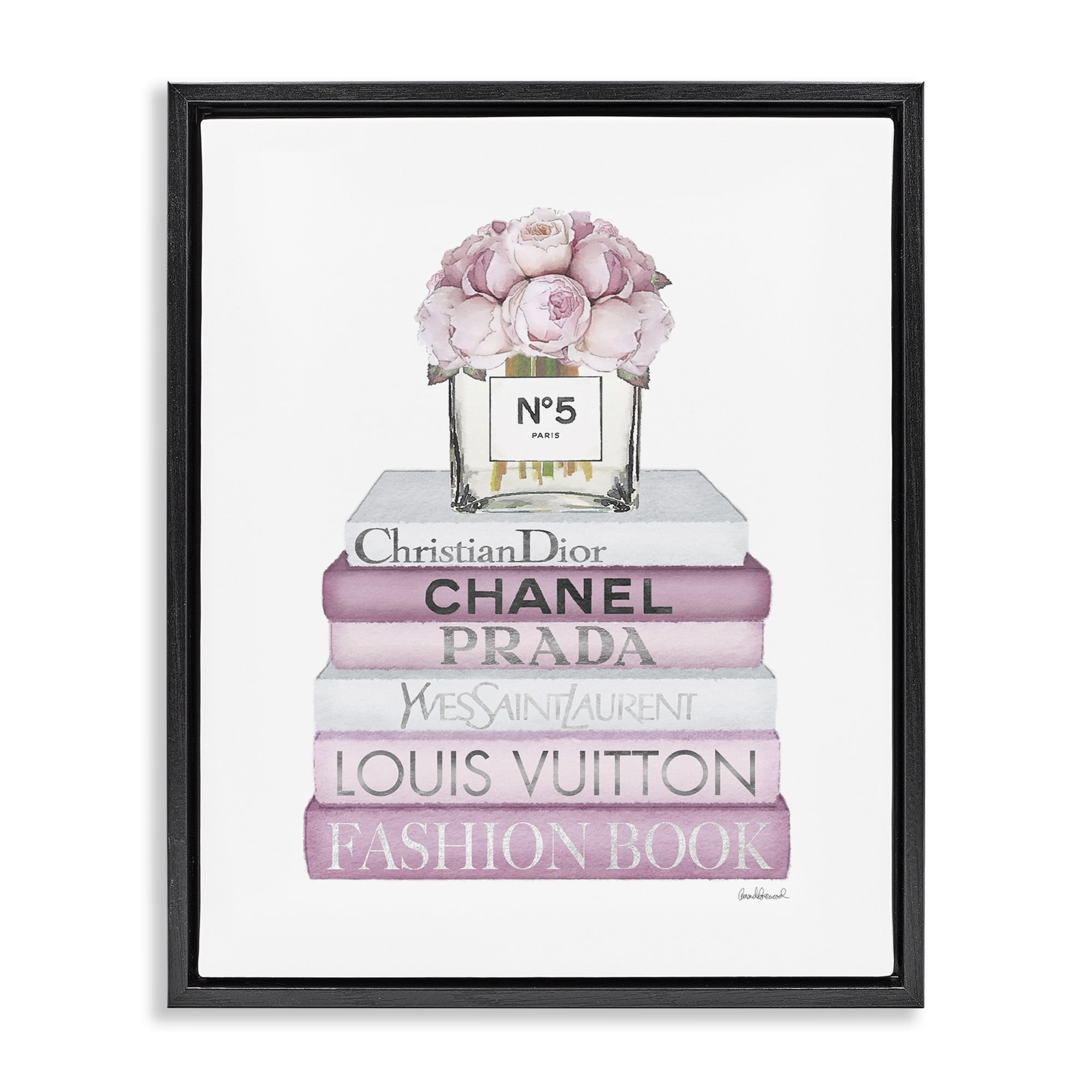 Stupell Industries Rose Bouquet & Designer Bookstack Beauty & Fashion Painting Black Floater Framed Canvas Art Print Wall Art, 25 x 31