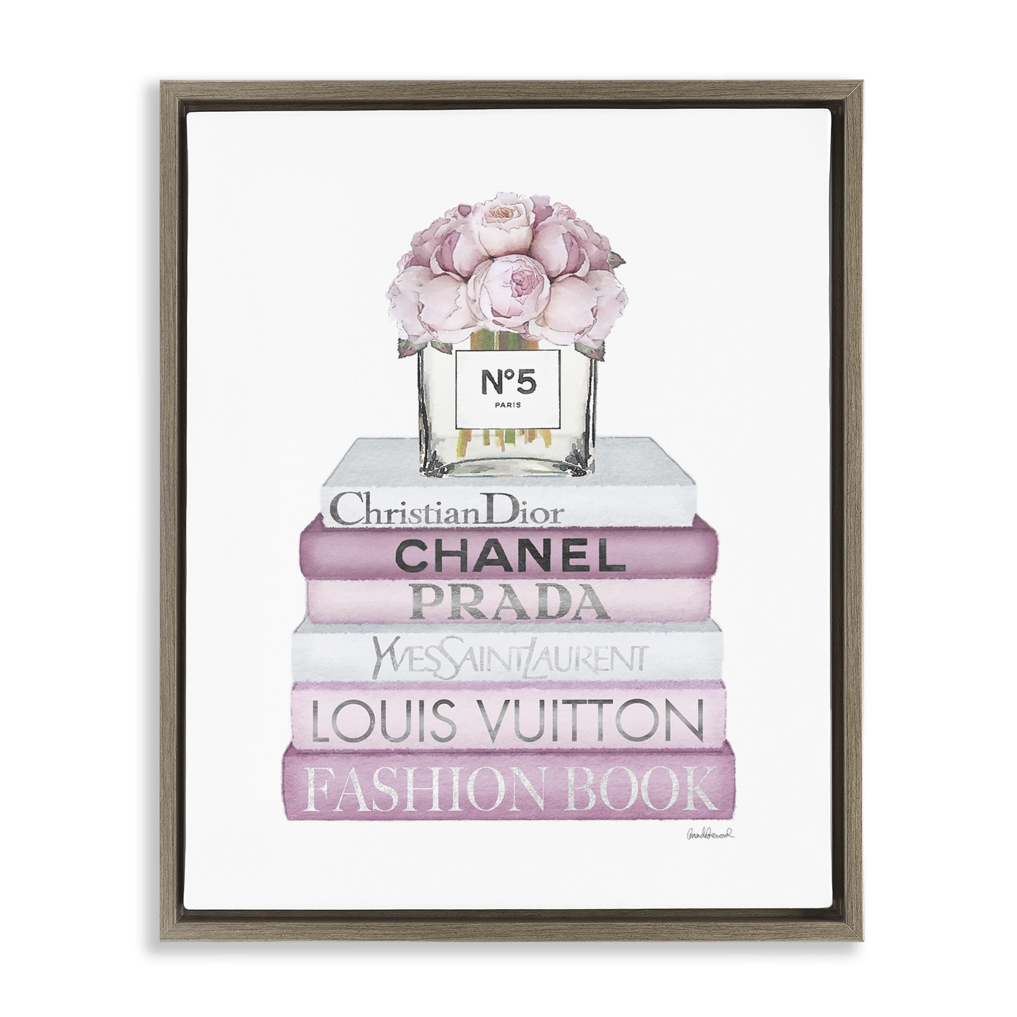 Stupell Industries Rose Bouquet & Designer Bookstack Beauty & Fashion Painting Brown Floater Framed Canvas Art Print Wall Art, 17 x 21
