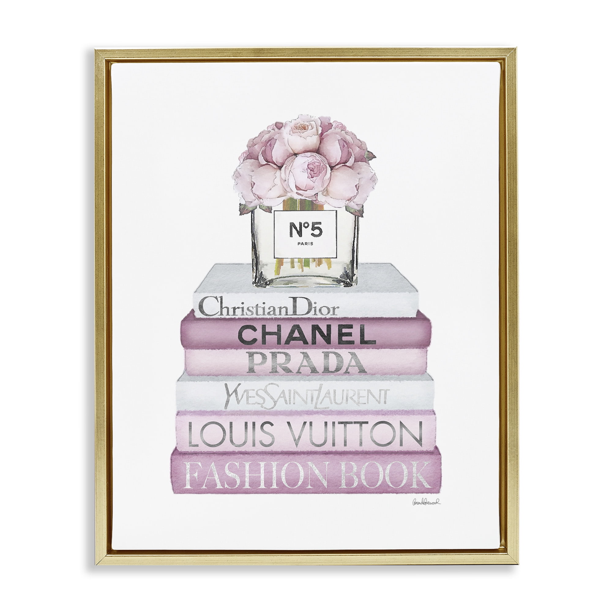 Stupell Industries Rose Bouquet & Designer Bookstack Beauty & Fashion Painting Gold Floater Framed Canvas Art Print Wall Art, 25 x 31