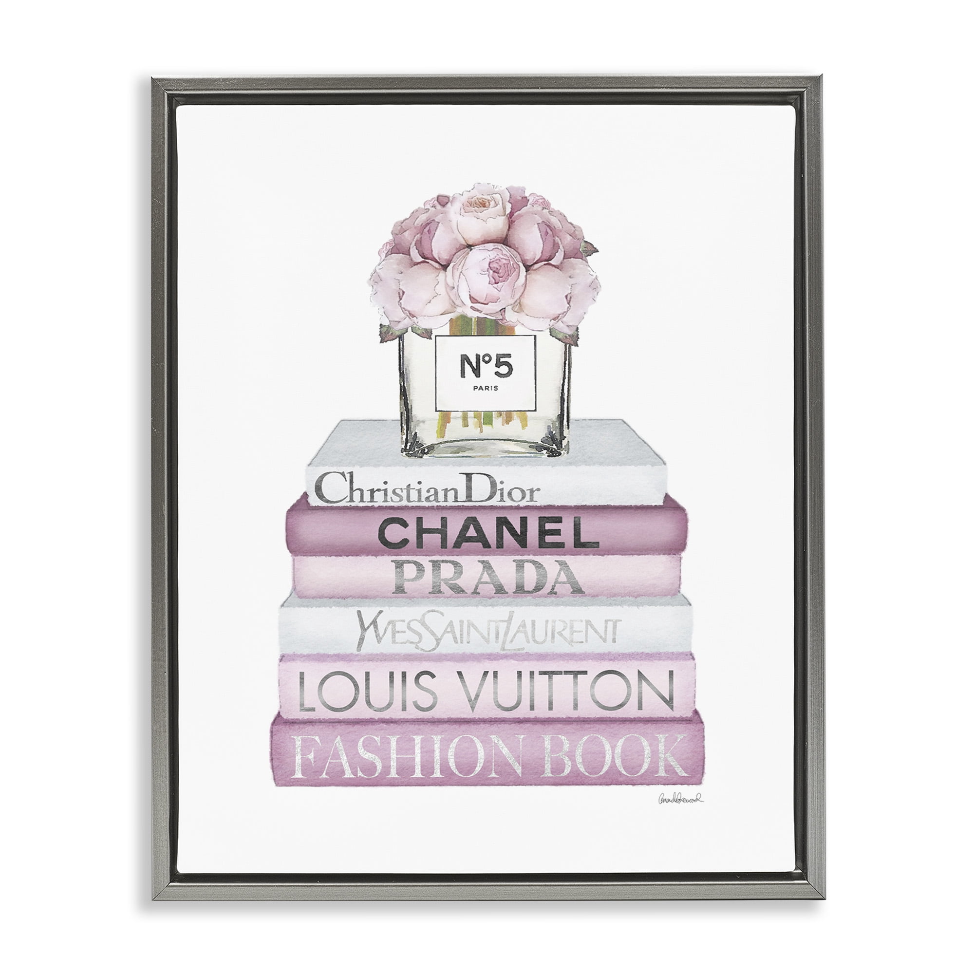 Stupell Industries Rose Bouquet & Designer Bookstack Beauty & Fashion Painting Gray Floater Framed Canvas Art Print Wall Art, 17 x 21