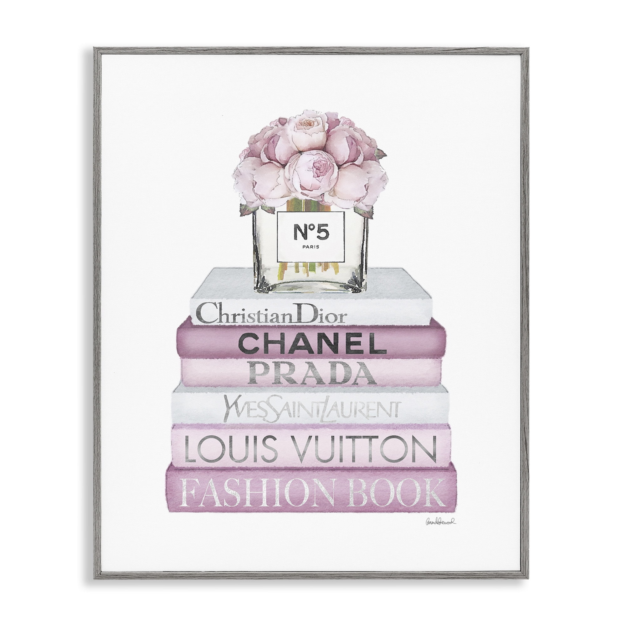 Stupell Industries Rose Bouquet & Designer Bookstack Beauty & Fashion Painting Gray Framed Art Print Wall Art, 24 x 30