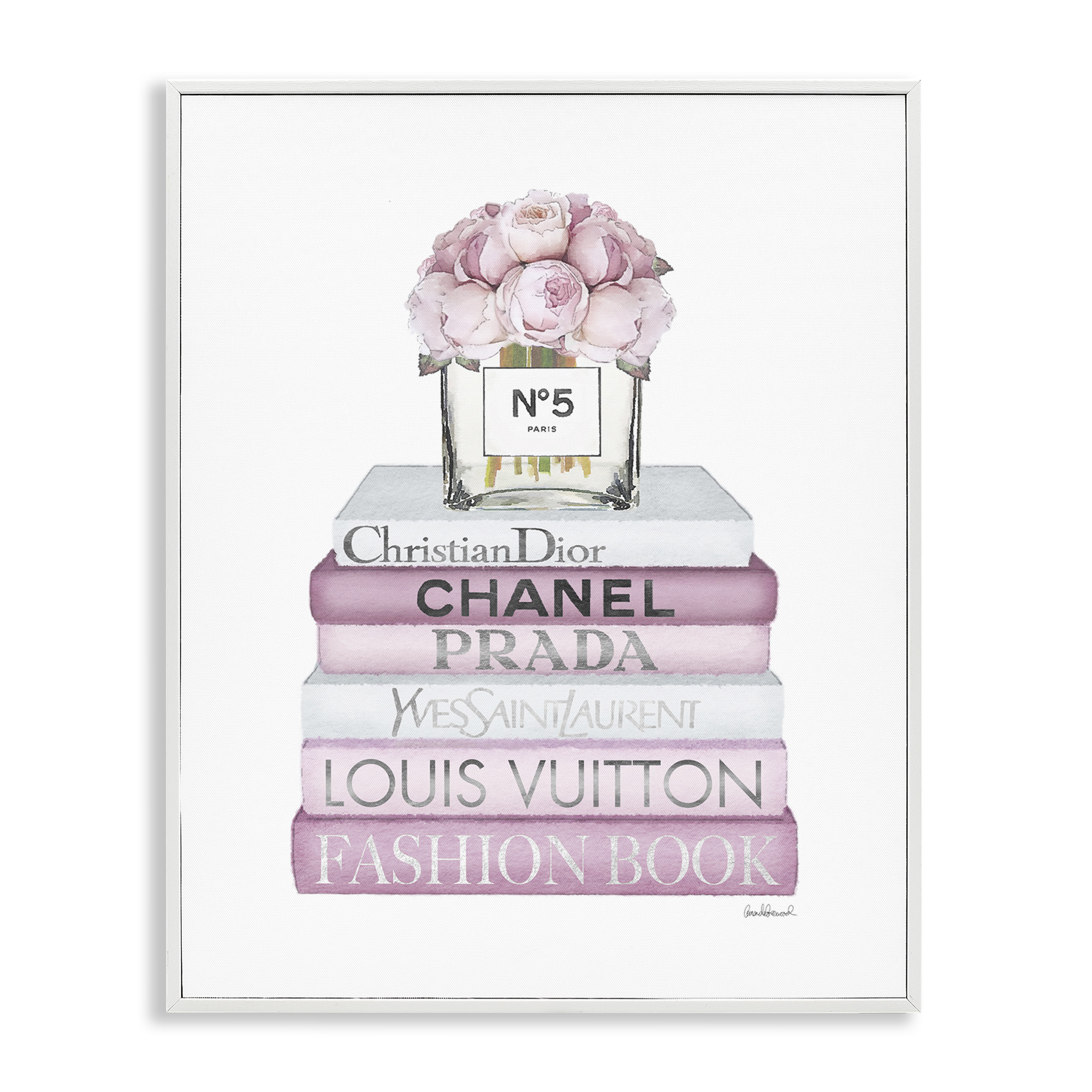 Stupell Industries Rose Bouquet & Designer Bookstack Beauty & Fashion Painting White Framed Art Print Wall Art, 16 x 20