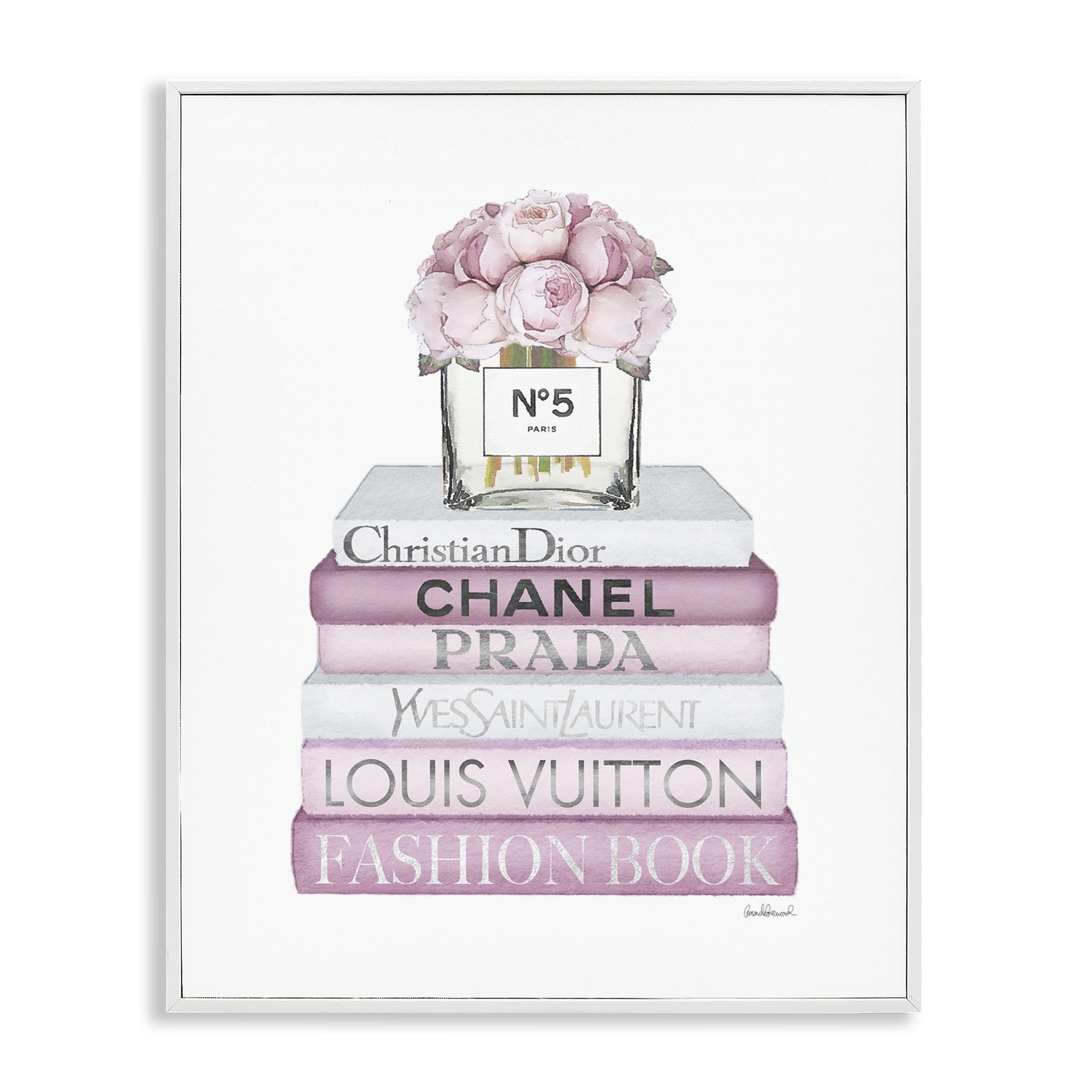 Stupell Industries Rose Bouquet & Designer Bookstack Beauty & Fashion Painting White Framed Art Print Wall Art, 24 x 30