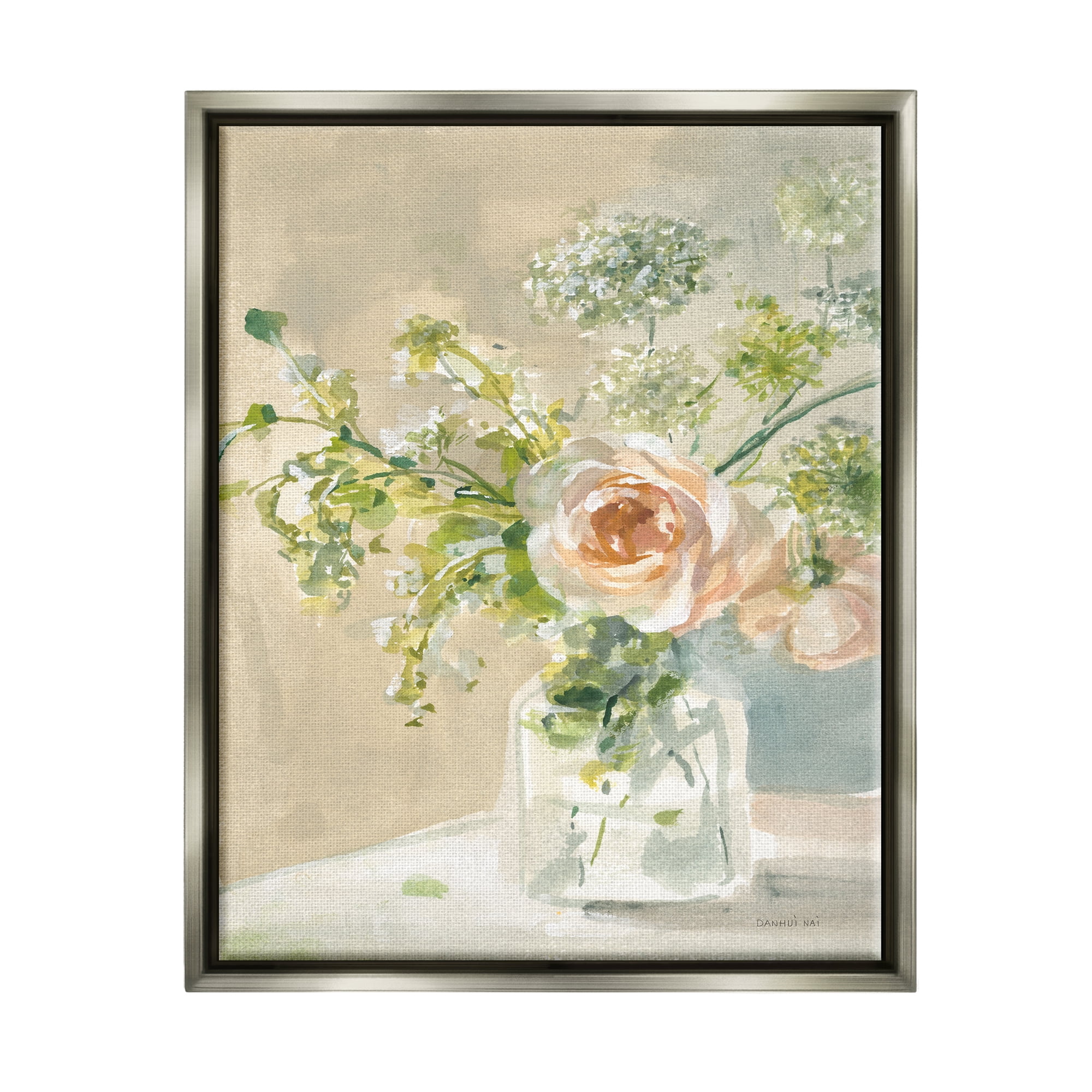 Stupell Industries Rose Bouquet Painting Botanical & Floral Painting Gray Floater Framed Canvas Art Print Wall Art, 17 x 21
