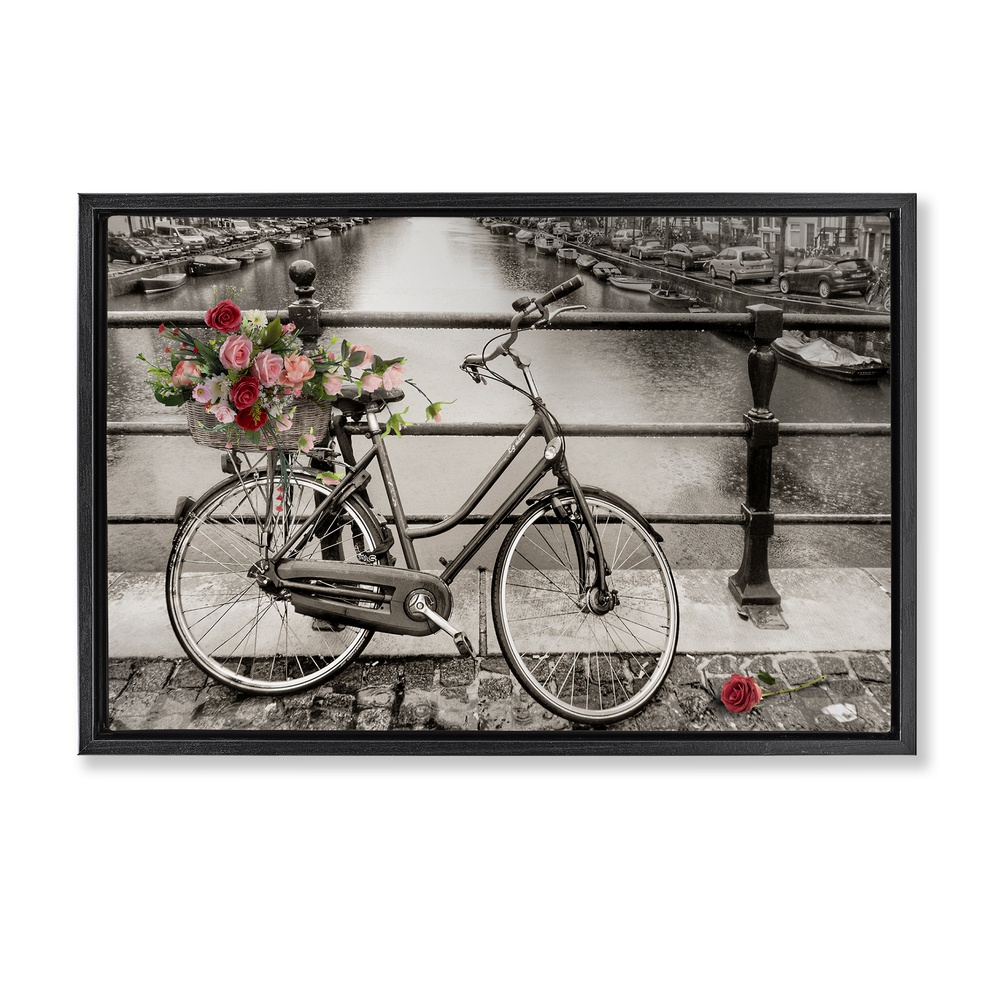 Stupell Industries Rose Filled Bike over Canal Transportation Painting Black Floater Framed Canvas Art Print Wall Art, 31 x 21