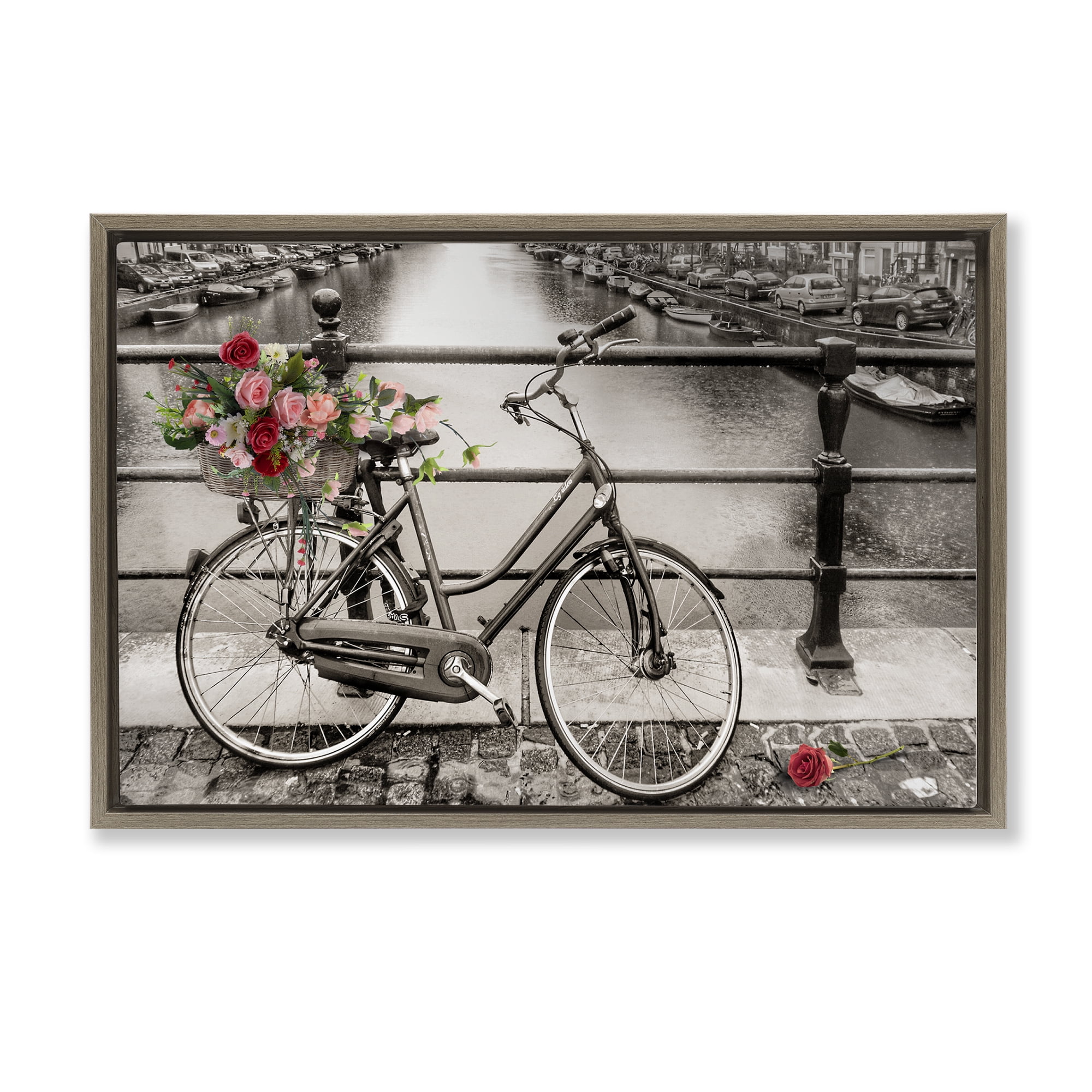 Stupell Industries Rose Filled Bike over Canal Transportation Painting Brown Floater Framed Canvas Art Print Wall Art, 31 x 21