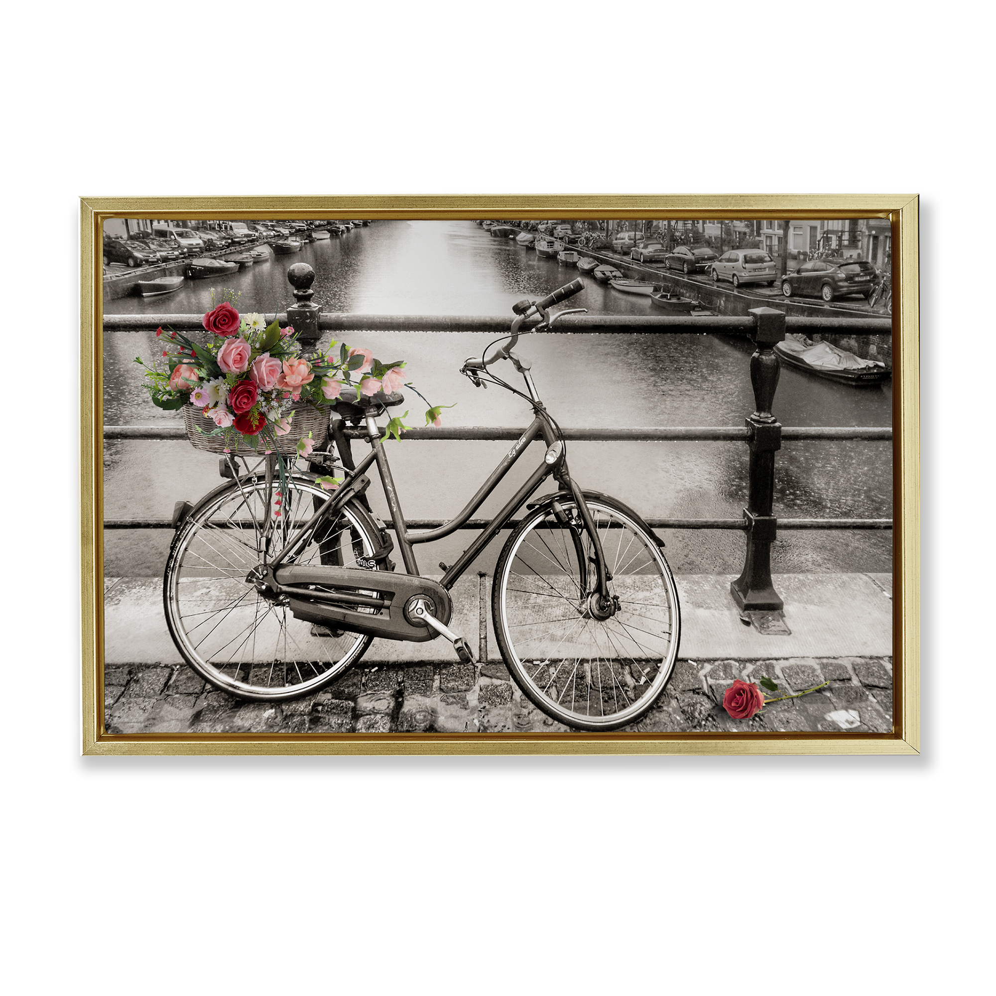 Stupell Industries Rose Filled Bike over Canal Transportation Painting Gold Floater Framed Canvas Art Print Wall Art, 25 x 17