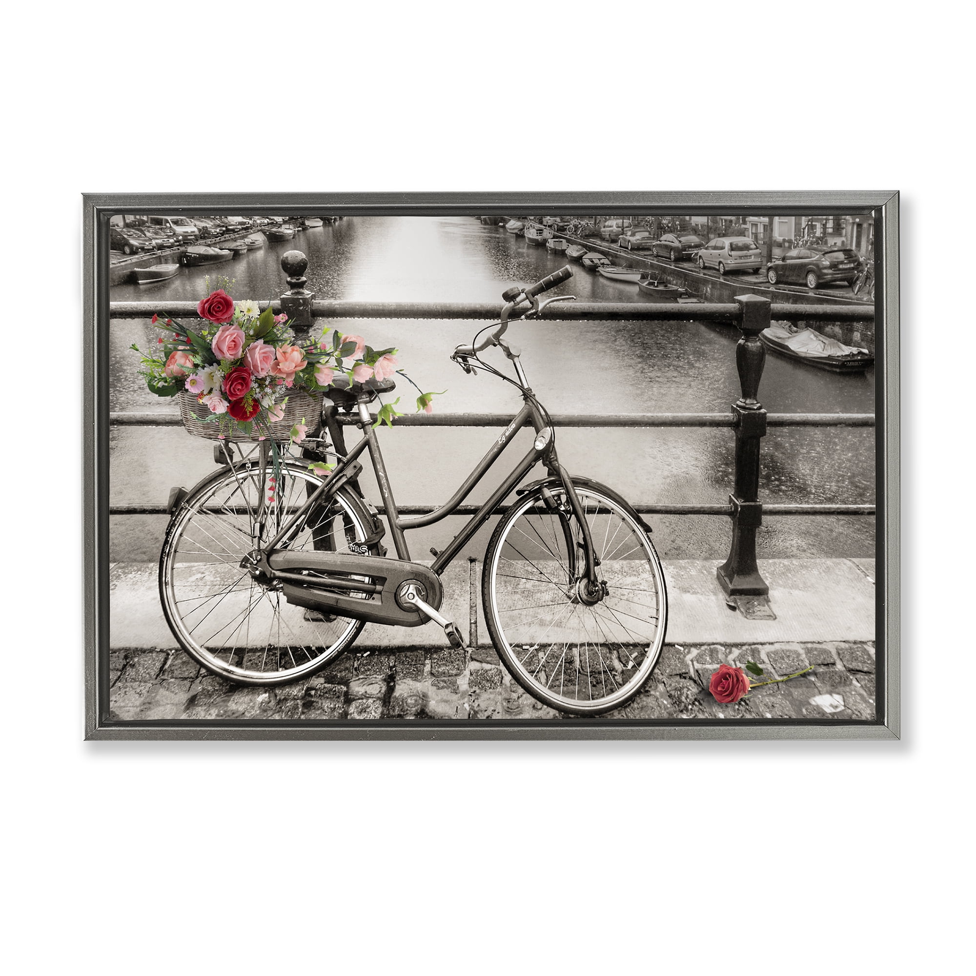 Stupell Industries Rose Filled Bike over Canal Transportation Painting Gray Floater Framed Canvas Art Print Wall Art, 25 x 17