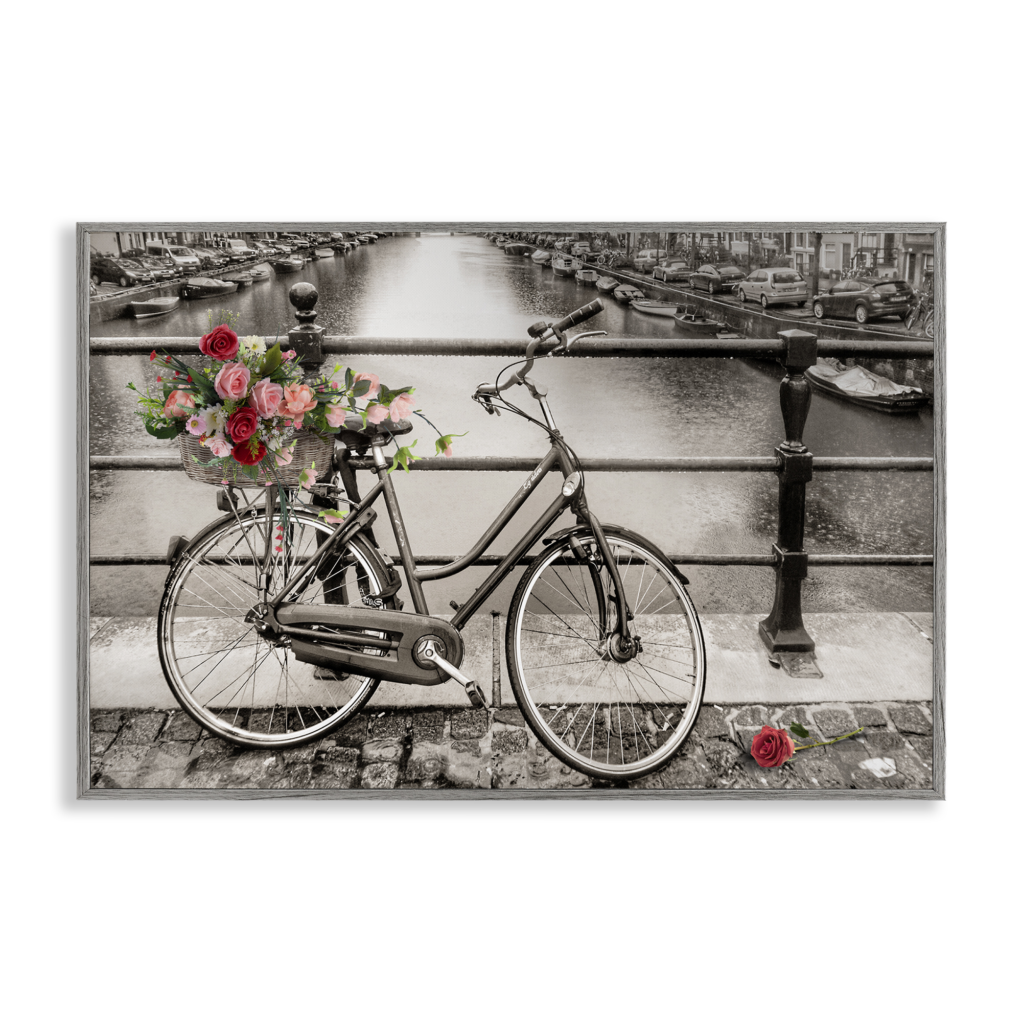 Stupell Industries Rose Filled Bike over Canal Transportation Painting Gray Framed Art Print Wall Art, 30 x 20