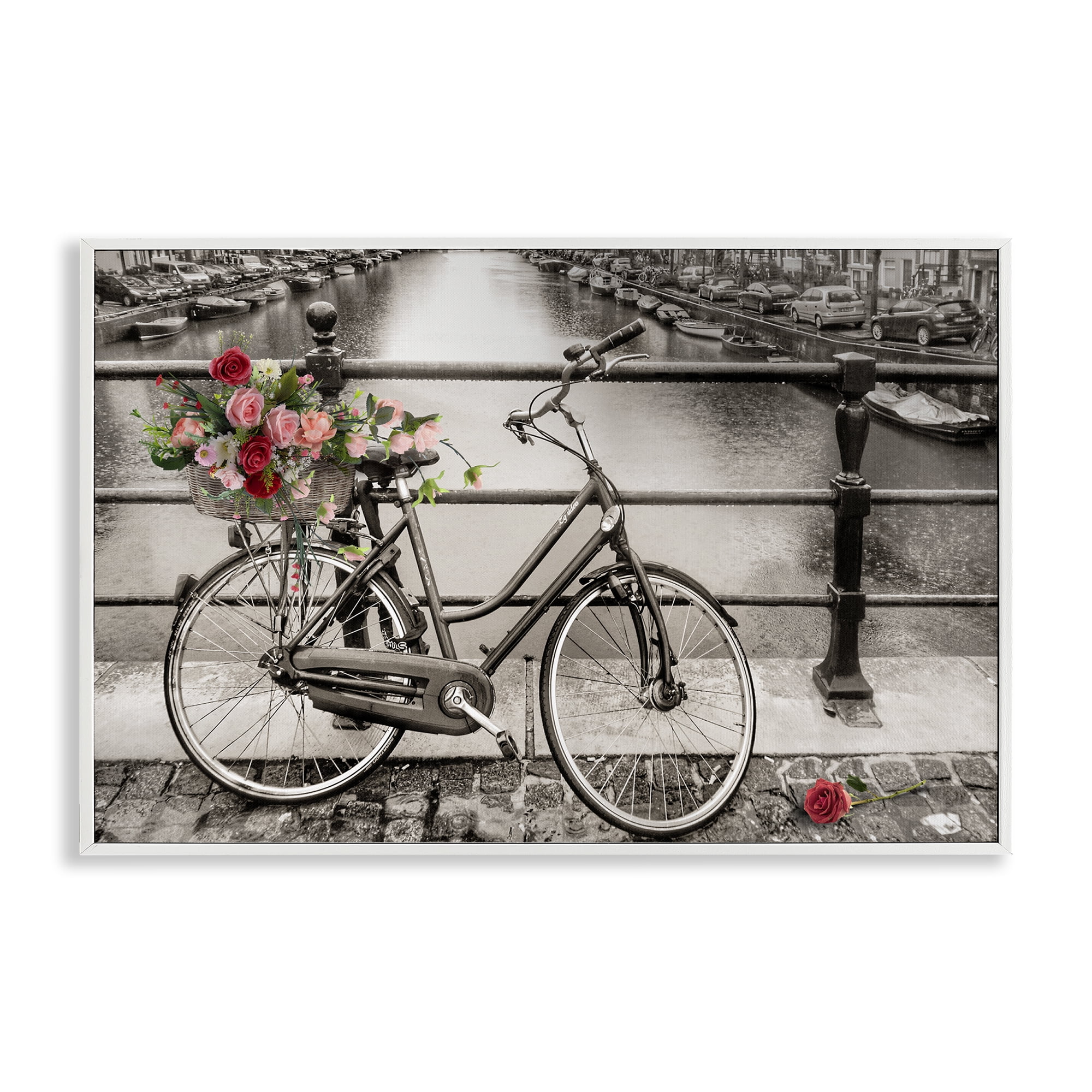 Stupell Industries Rose Filled Bike over Canal Transportation Painting White Framed Art Print Wall Art, 24 x 16