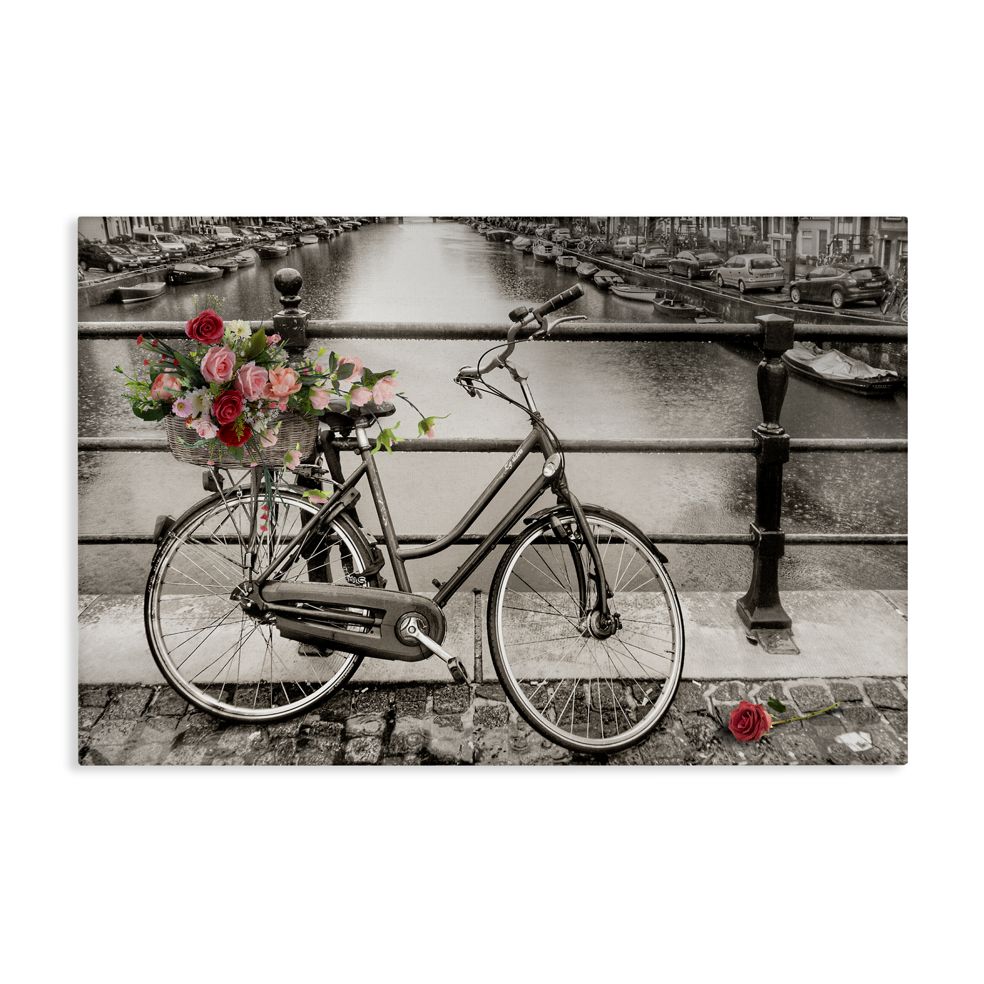 Stupell Industries Rose Filled Bike over Canal Transportation Painting Wrapped Canvas Art Print Wall Art, 30 x 20