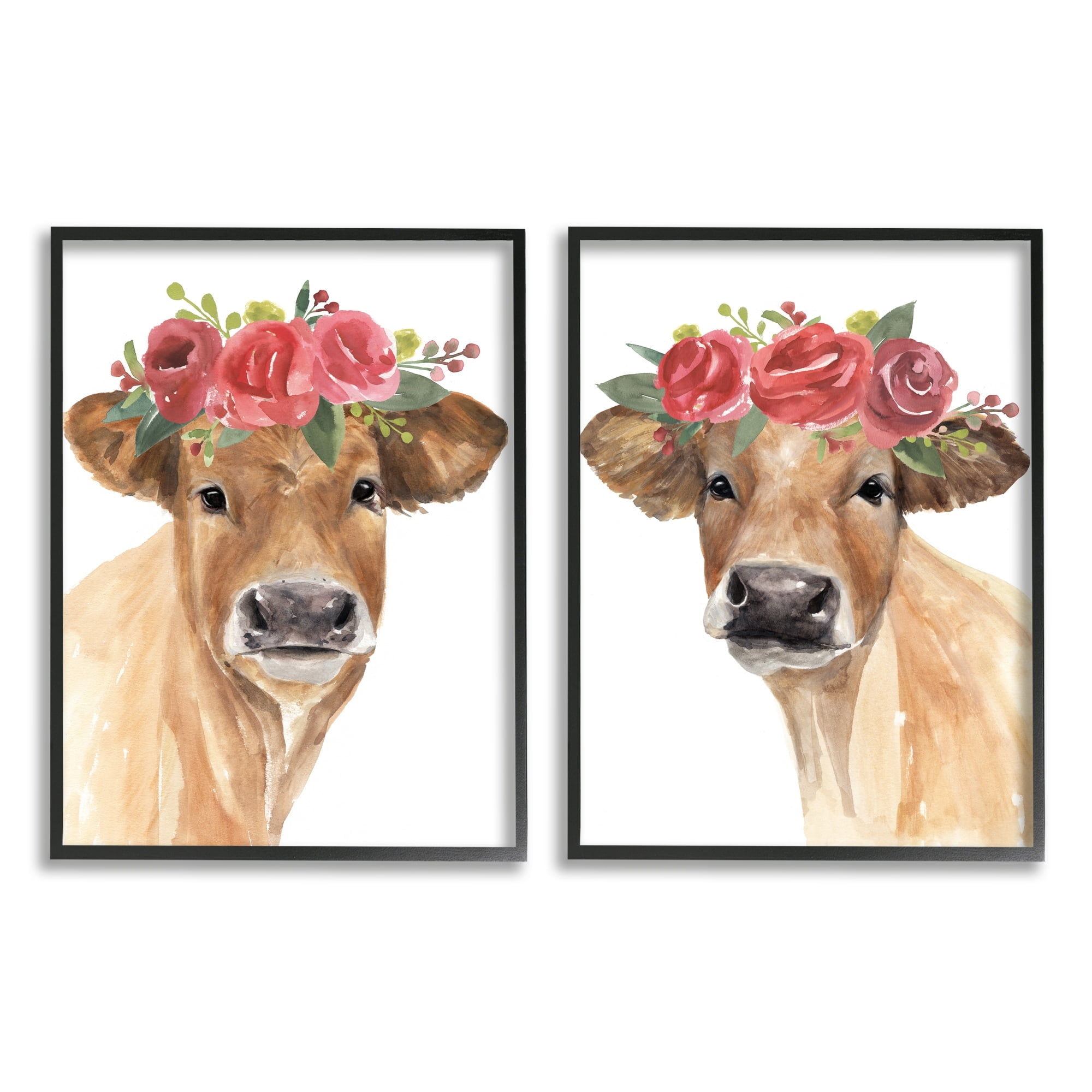 Stupell Industries Rose Flower Crown Cow Portrait Floral Farm Black Framed by Annie Warren