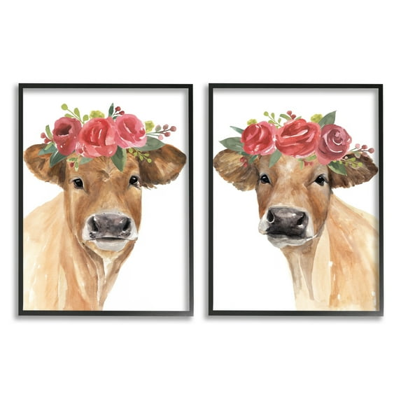 Stupell Industries Rose Flower Crown Cow Portrait Floral Farm Black Framed by Annie Warren