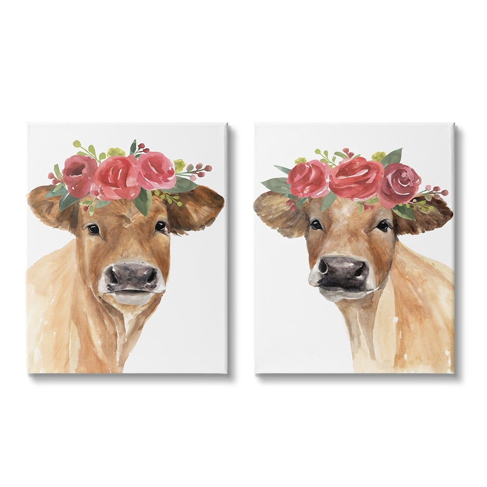 Stupell Industries Rose Flower Crown Cow Portrait Floral Farm Canvas Wall Art by Annie Warren