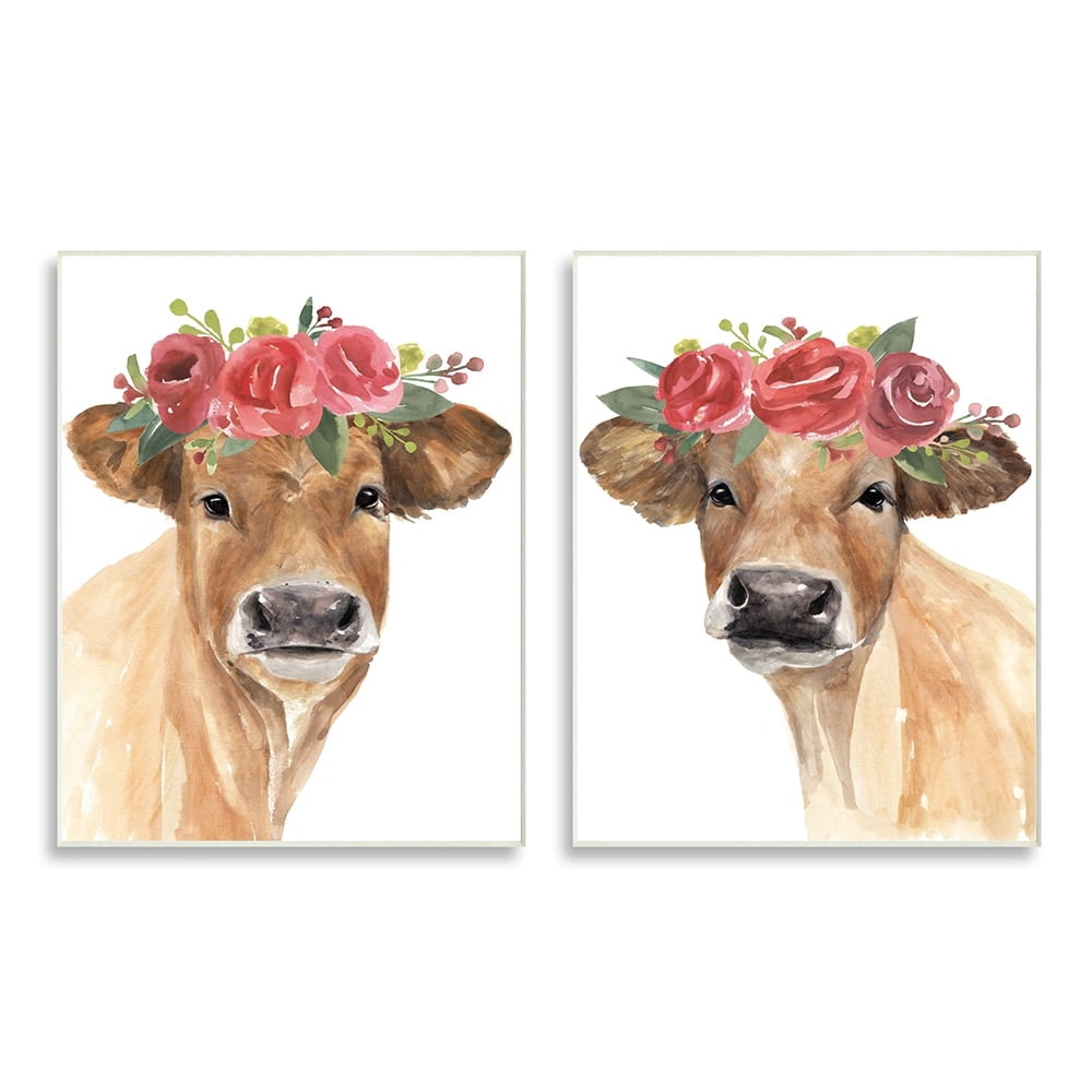 Stupell Industries Rose Flower Crown Cow Portrait Floral Farm Wall Plaque by Annie Warren